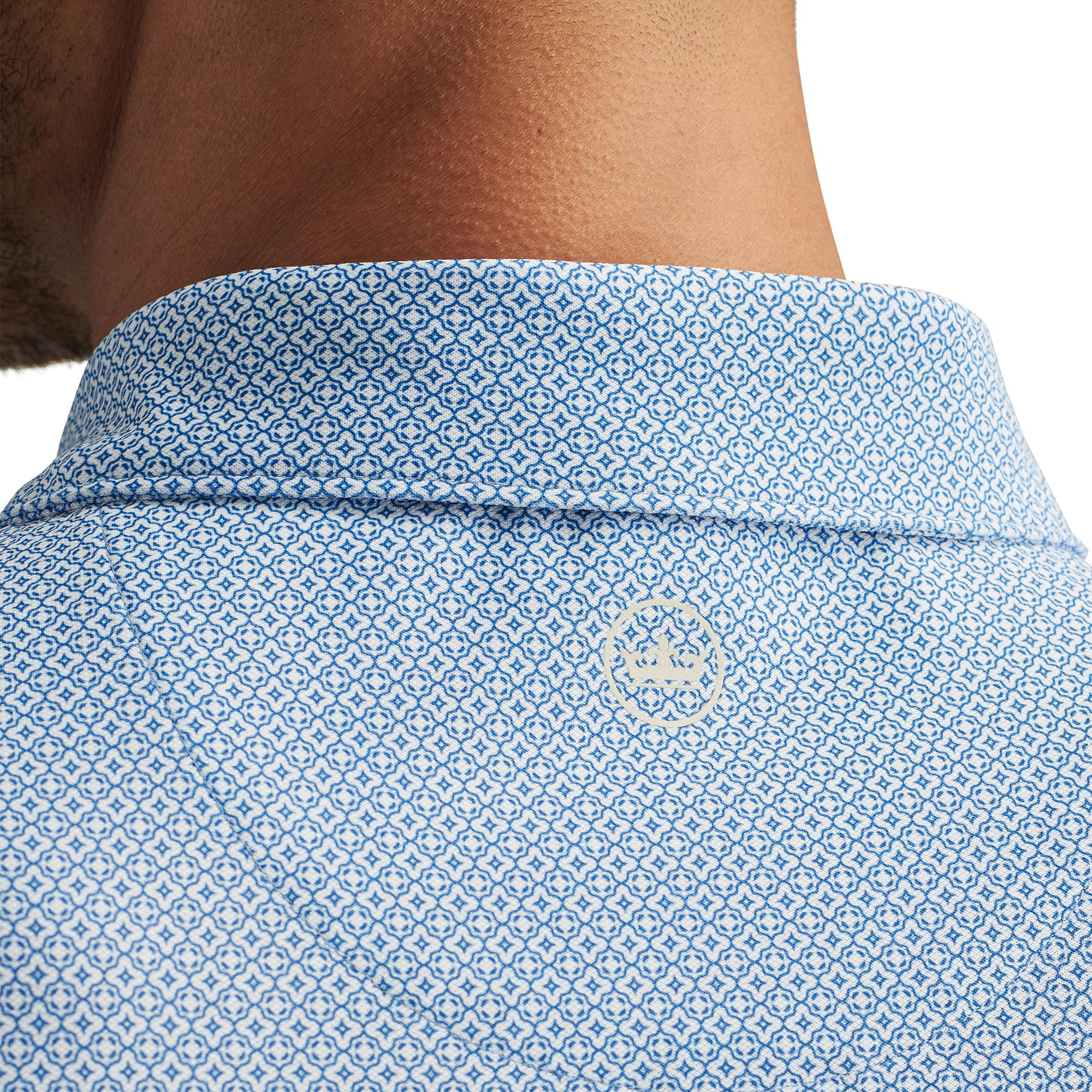 Peter Millar logo close-up on back of Costa Geo Polo Shirt – designer men’s golf polo