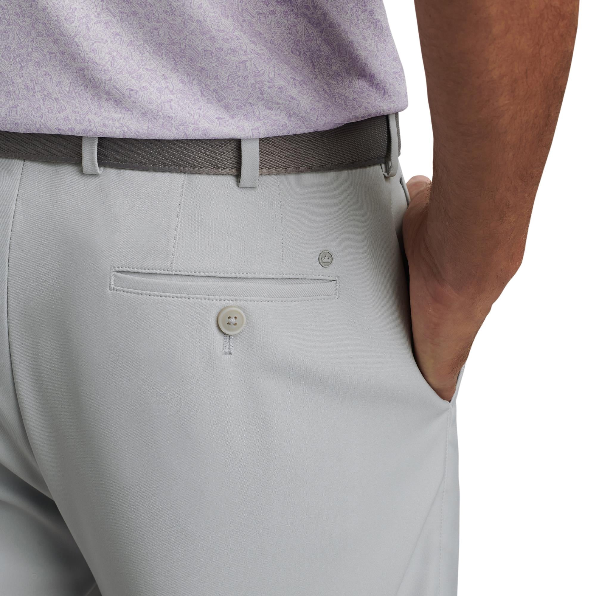 Close-up of back pocket detail on Peter Millar Salem High Drape Performance Shorts in British Grey – designer golf shorts