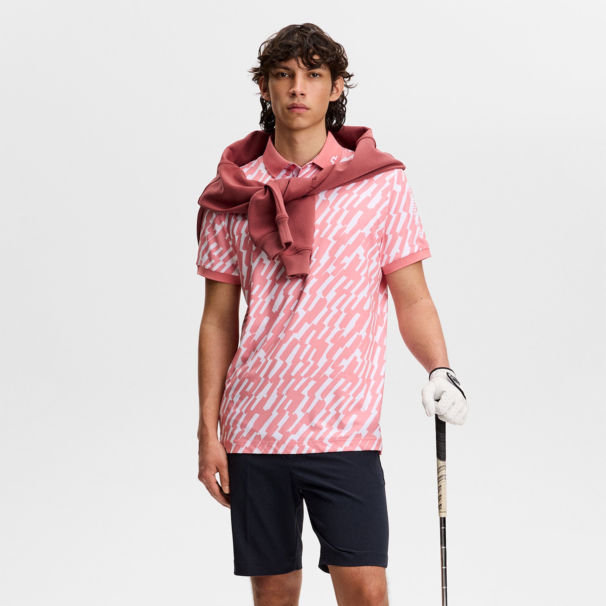 J Lindeberg Tour Tech Print Mens Golf Polo Shirt Oak Flamingo M