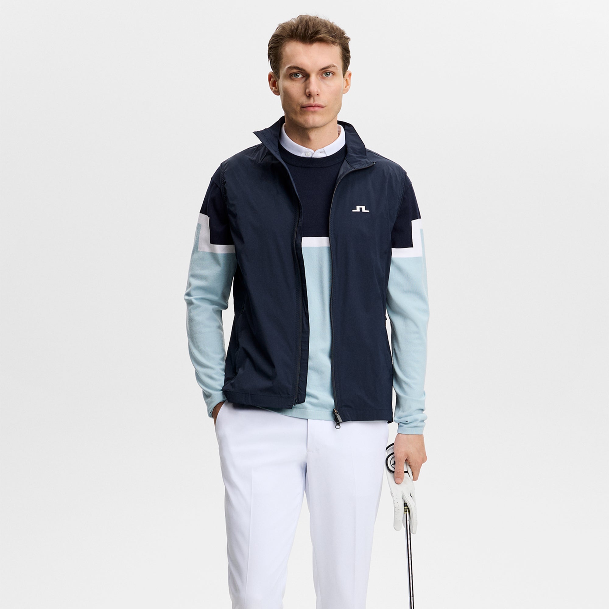 J Lindeberg Emrik Block Knitted Mens Sweater Forget-Me-Not Blue
