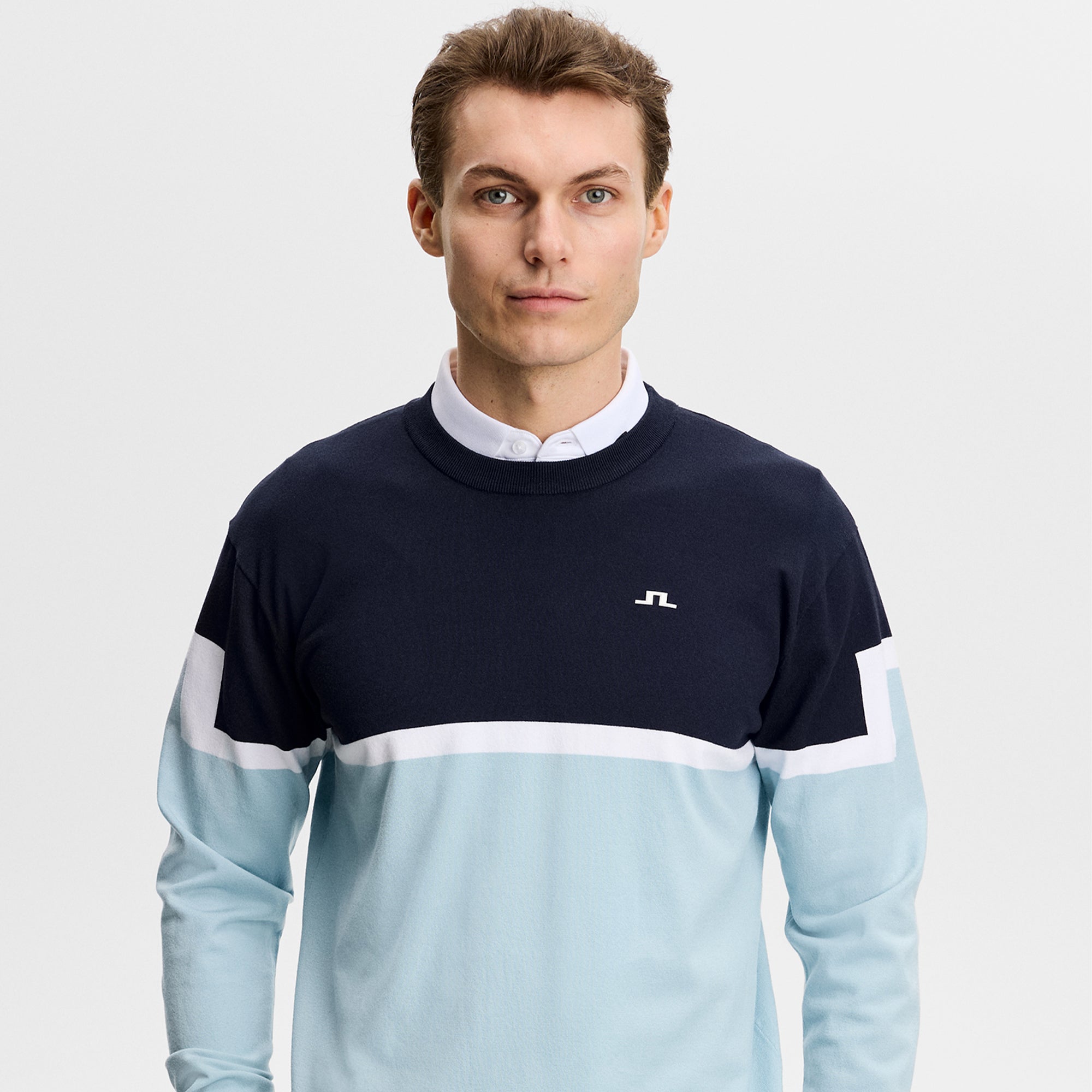 J Lindeberg Emrik Block Knitted Mens Sweater Forget-Me-Not Blue