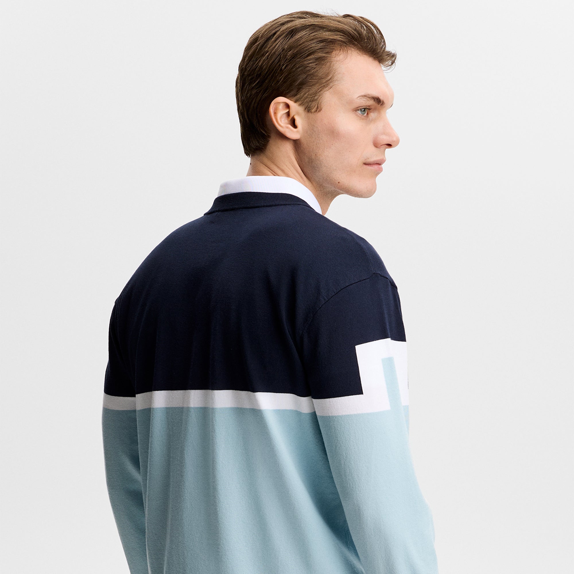 J Lindeberg Emrik Block Knitted Mens Sweater Forget-Me-Not Blue