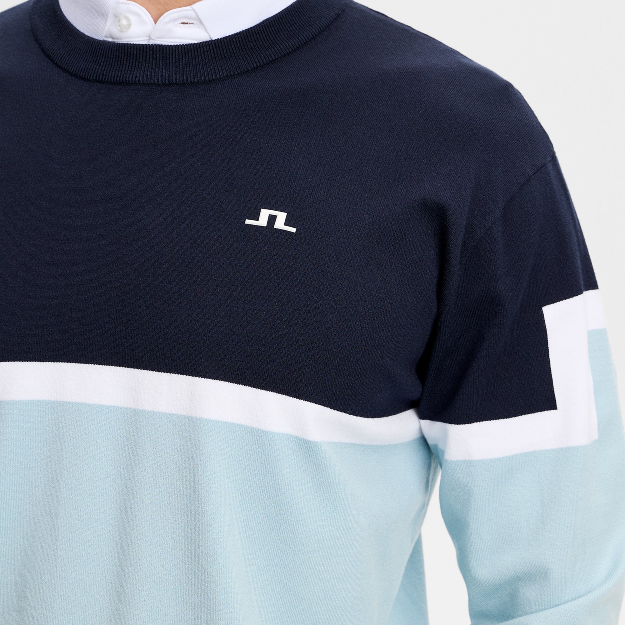 J Lindeberg Emrik Block Knitted Mens Sweater Forget-Me-Not Blue