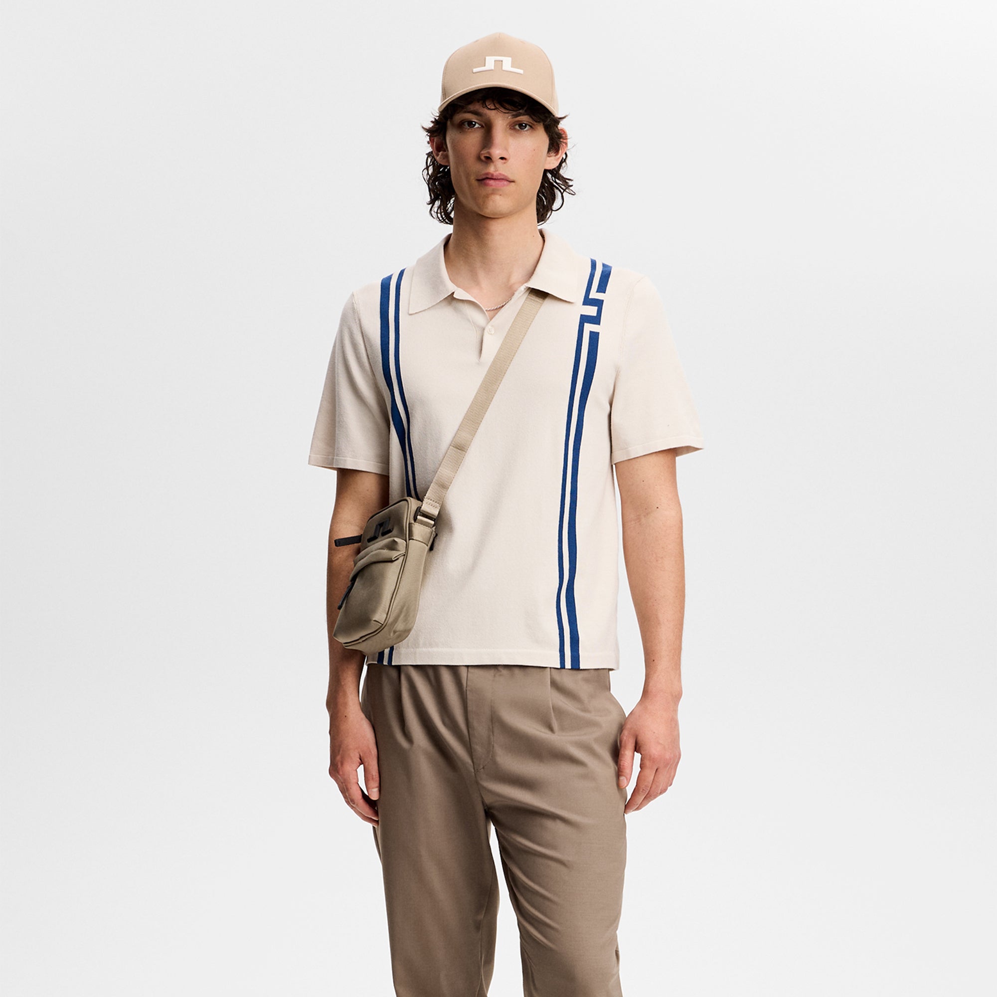 J Lindeberg Rylan Stripe Knit Mens Golf Polo Shirt Moonbeam