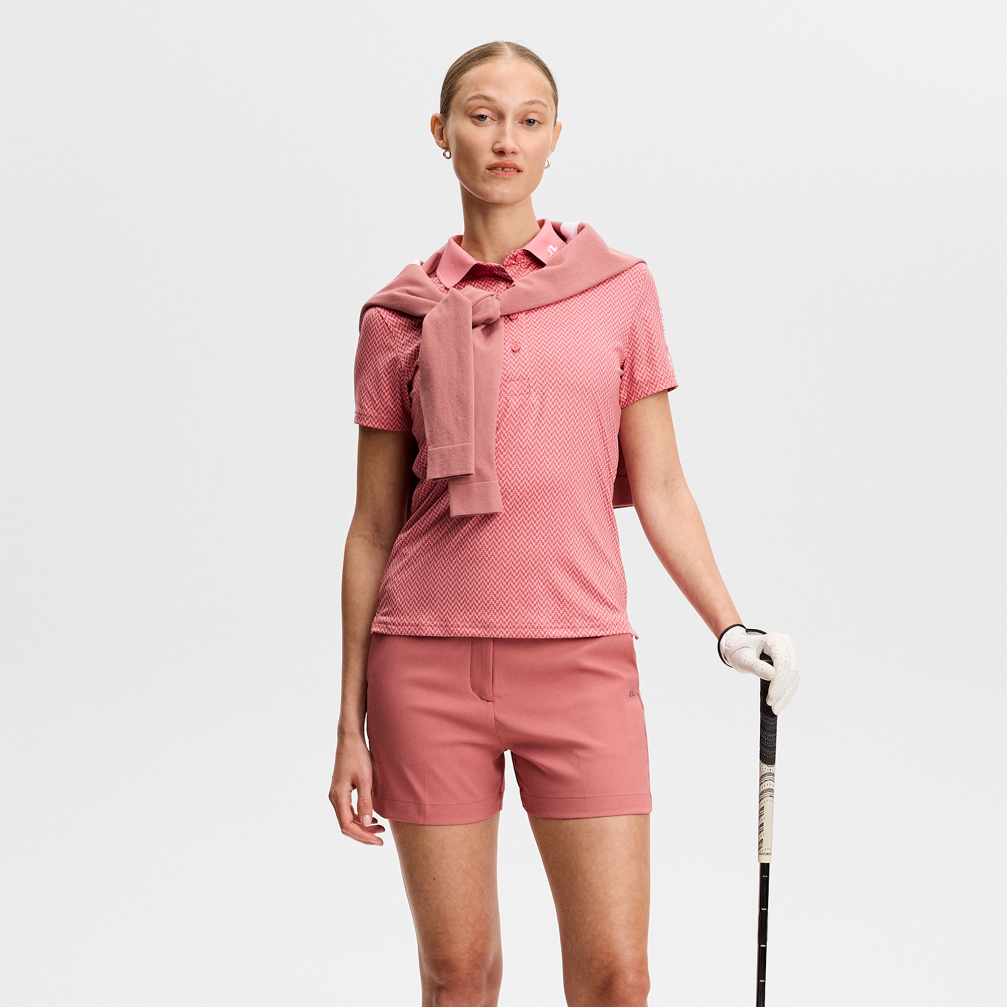 J Lindeberg Tour Tech Print Ladies Golf Polo Shirt Bridge Stack Rose S