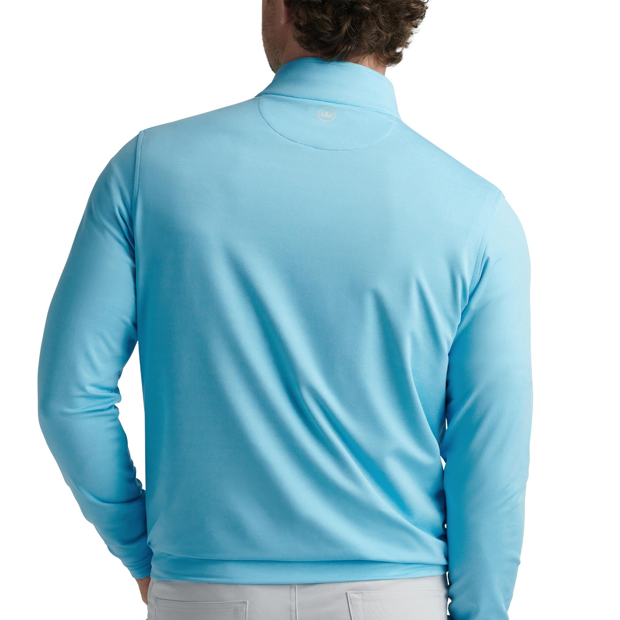Model back view wearing Peter Millar Perth Mélange Performance Mid Layer – half zip golf top men