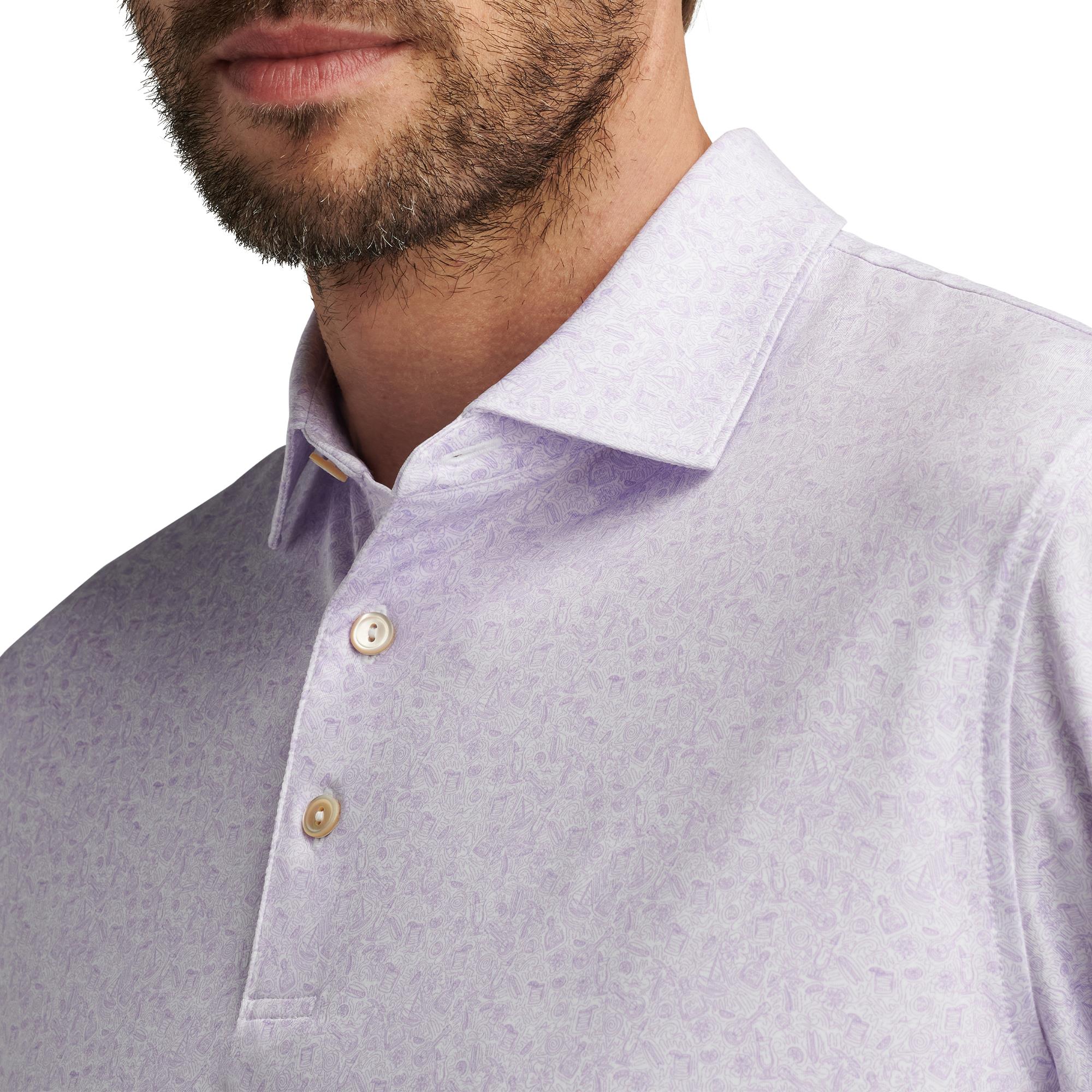 Close-up of model wearing Peter Millar Getaway Polo Shirt – buttons and fabric detail