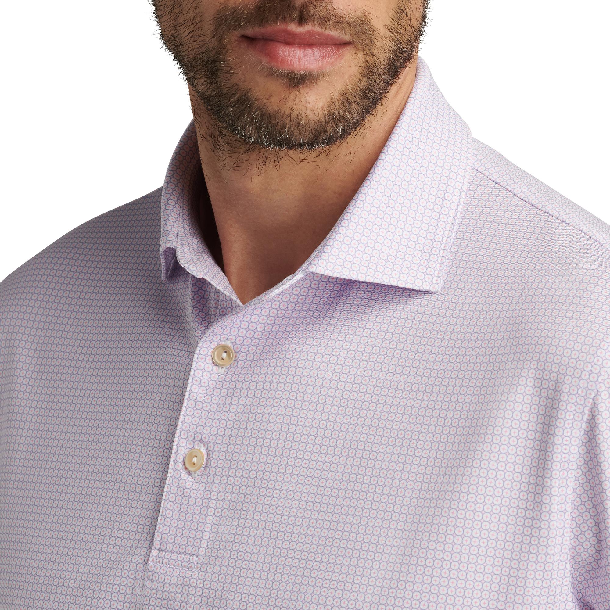 Model close-up of collar and button detail – Peter Millar Solid Performance Polo Shirt for men