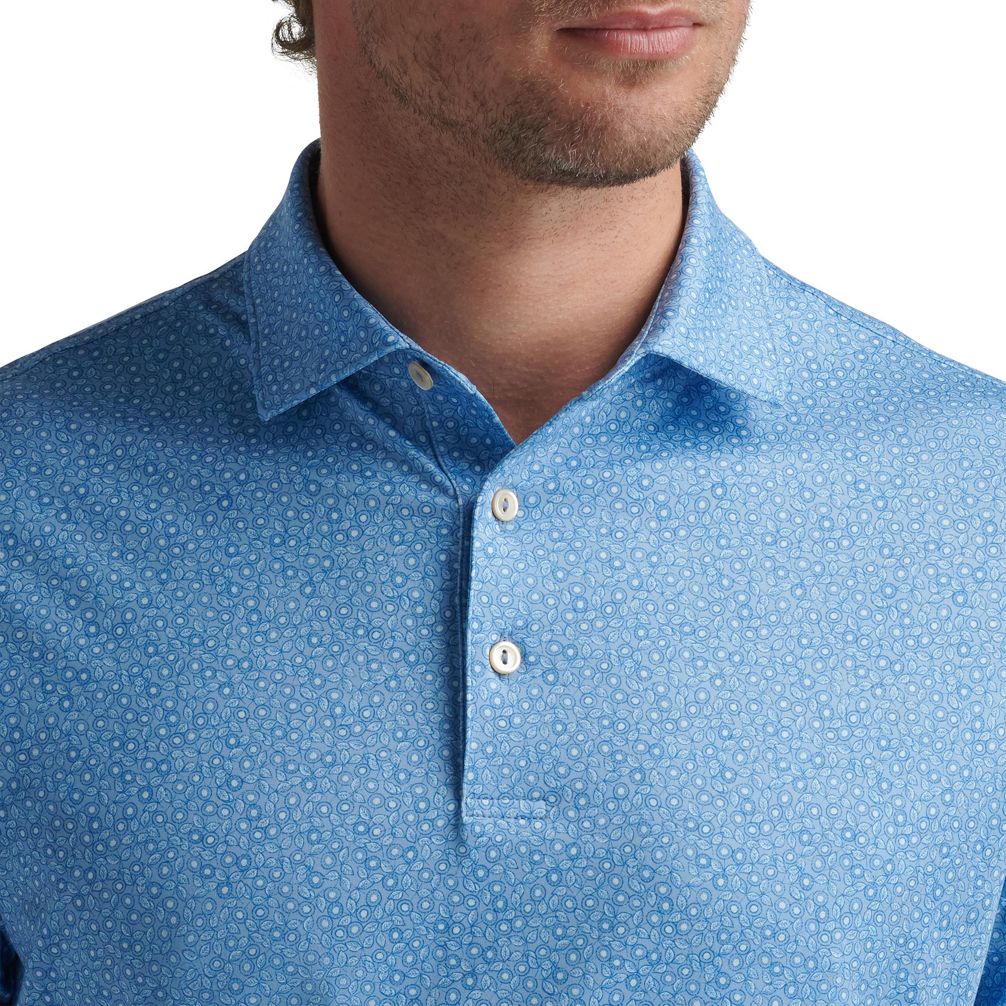 Close-up of collar and buttons on model wearing Peter Millar Bristol Floral Polo Shirt – designer mens golf polo
