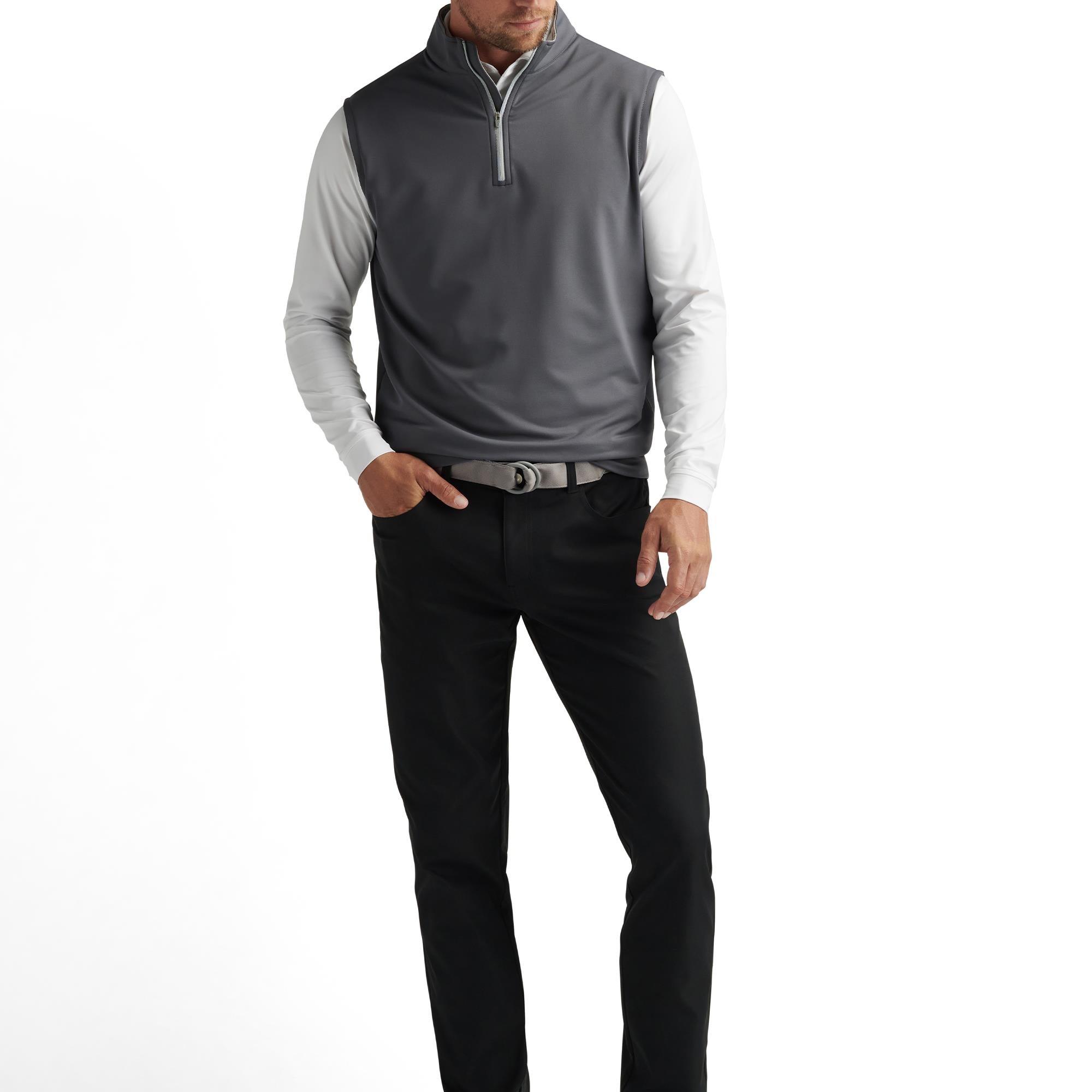 Male model wearing Peter Millar Galway Stretch Loop 1/4 Zip Vest in Iron – stylish mens golf gilet from Peter Millar UK