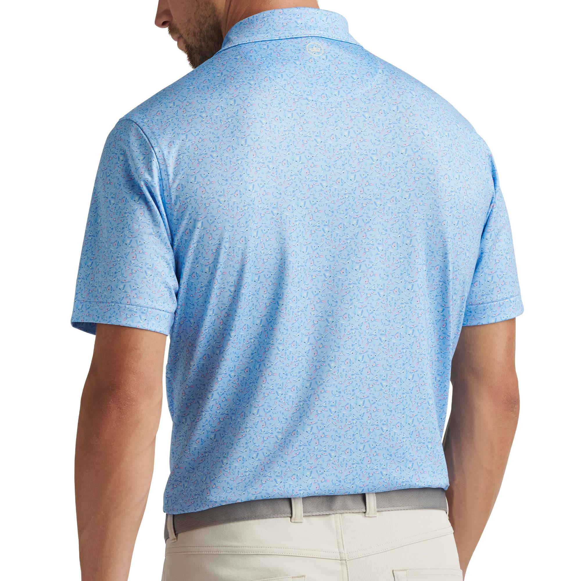 Model back view of Peter Millar Polo in Cottage Blue – Peter Millar golf clothing UK