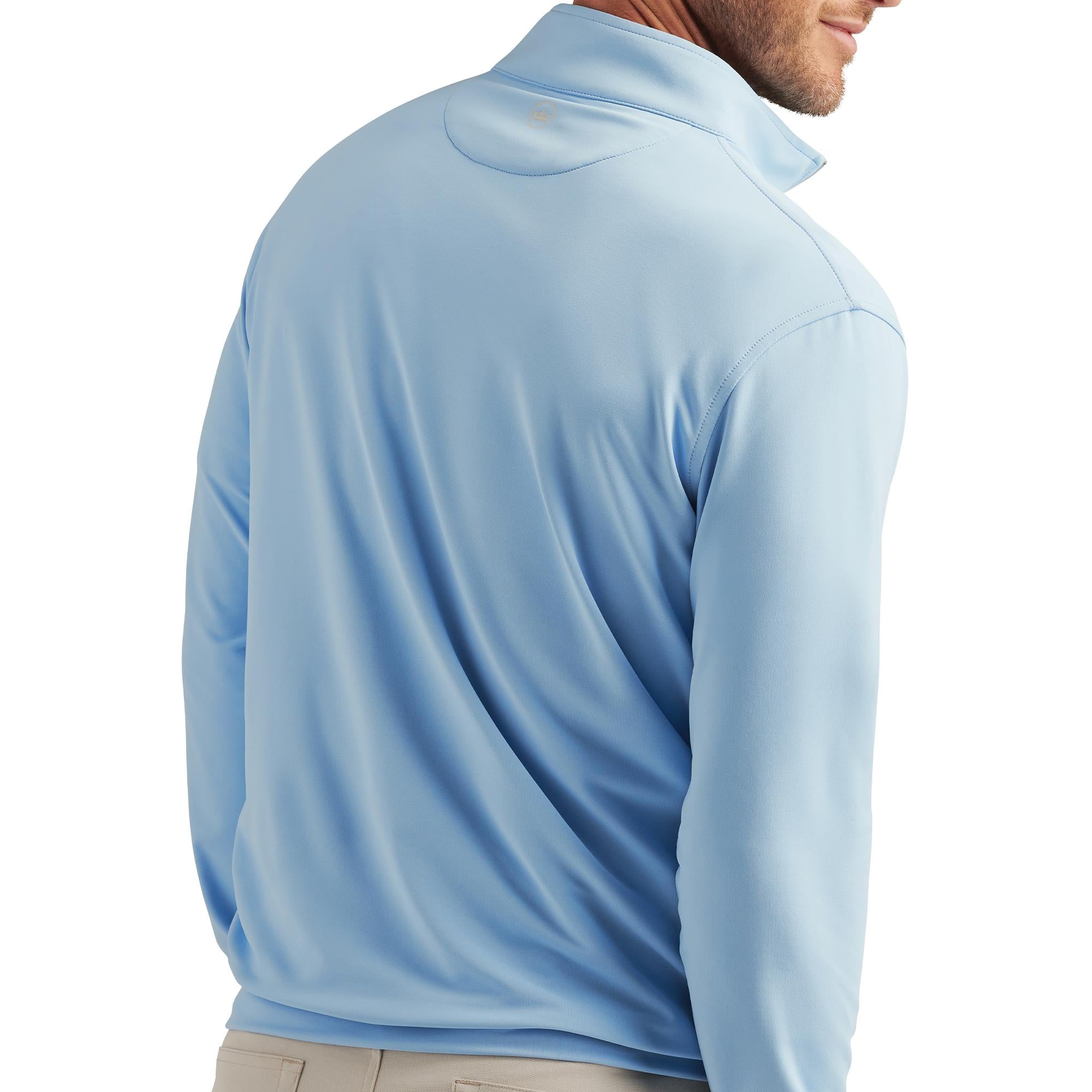 Model back view wearing Peter Millar Stretch 1/4 Zip Mid Layer – luxury golf midlayer in Cottage Blue