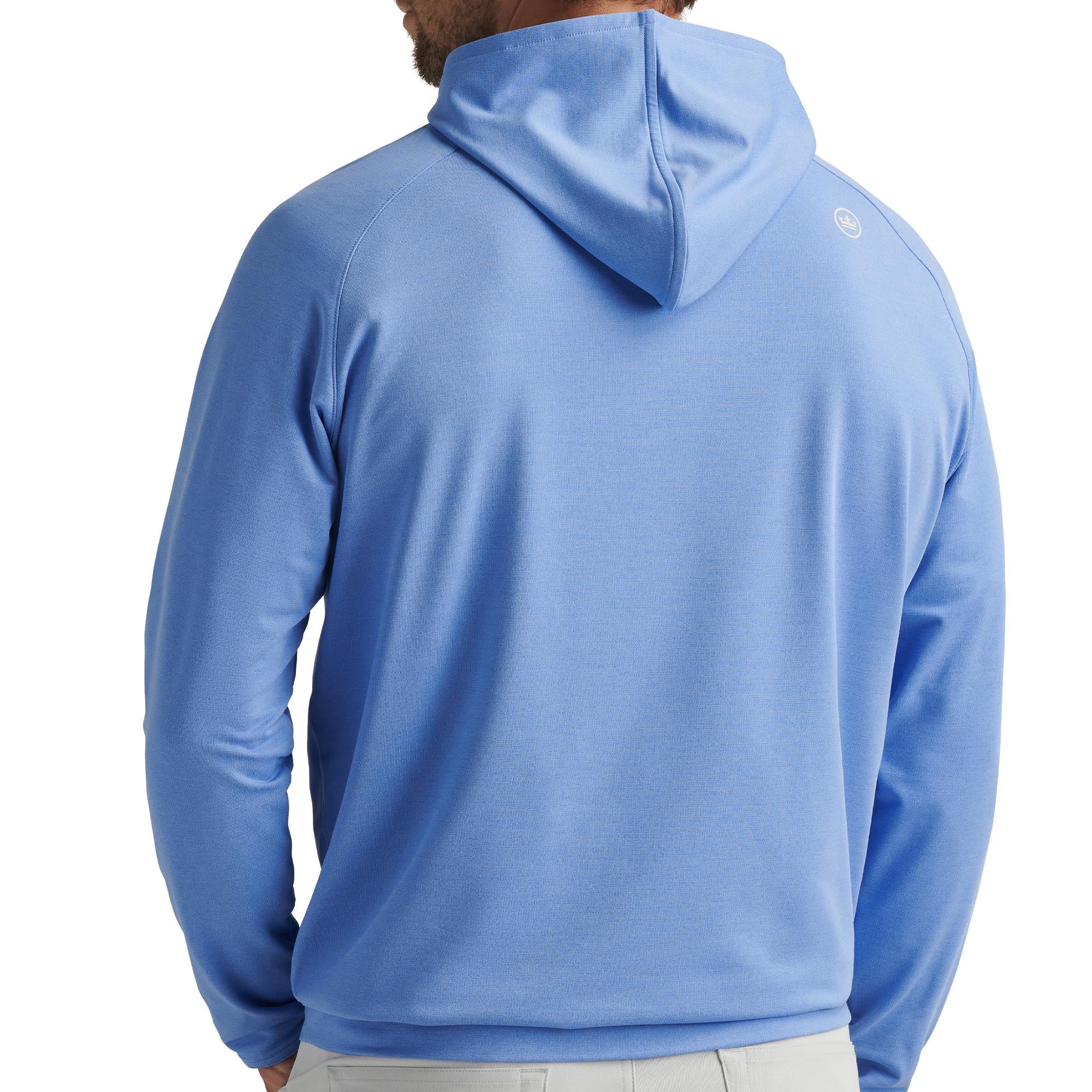 Back view of model in Peter Millar Blue Sea hoodie – premium Peter Millar golf clothing UK
