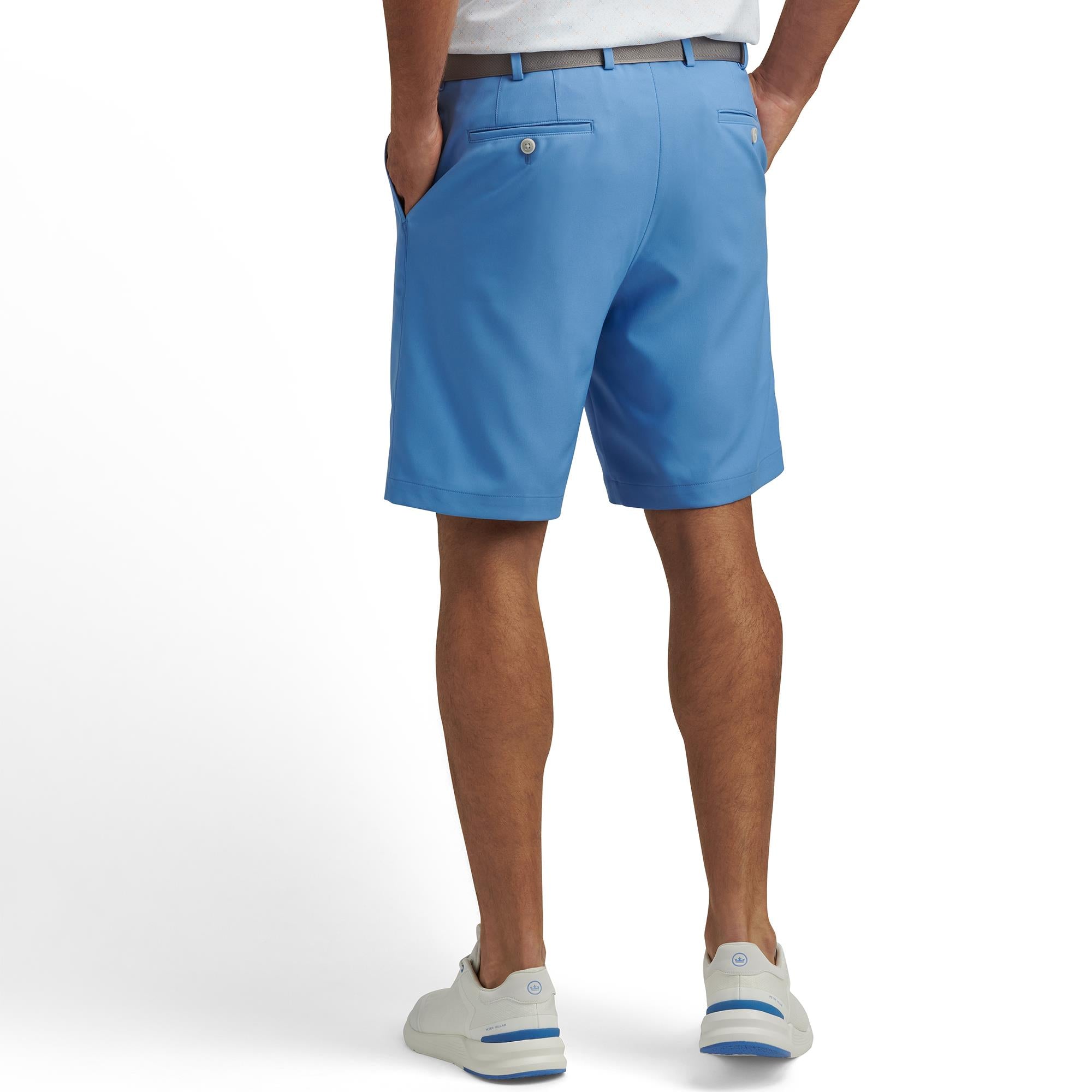 Model back view wearing Peter Millar Salem Performance Shorts – luxury mens golf shorts UK