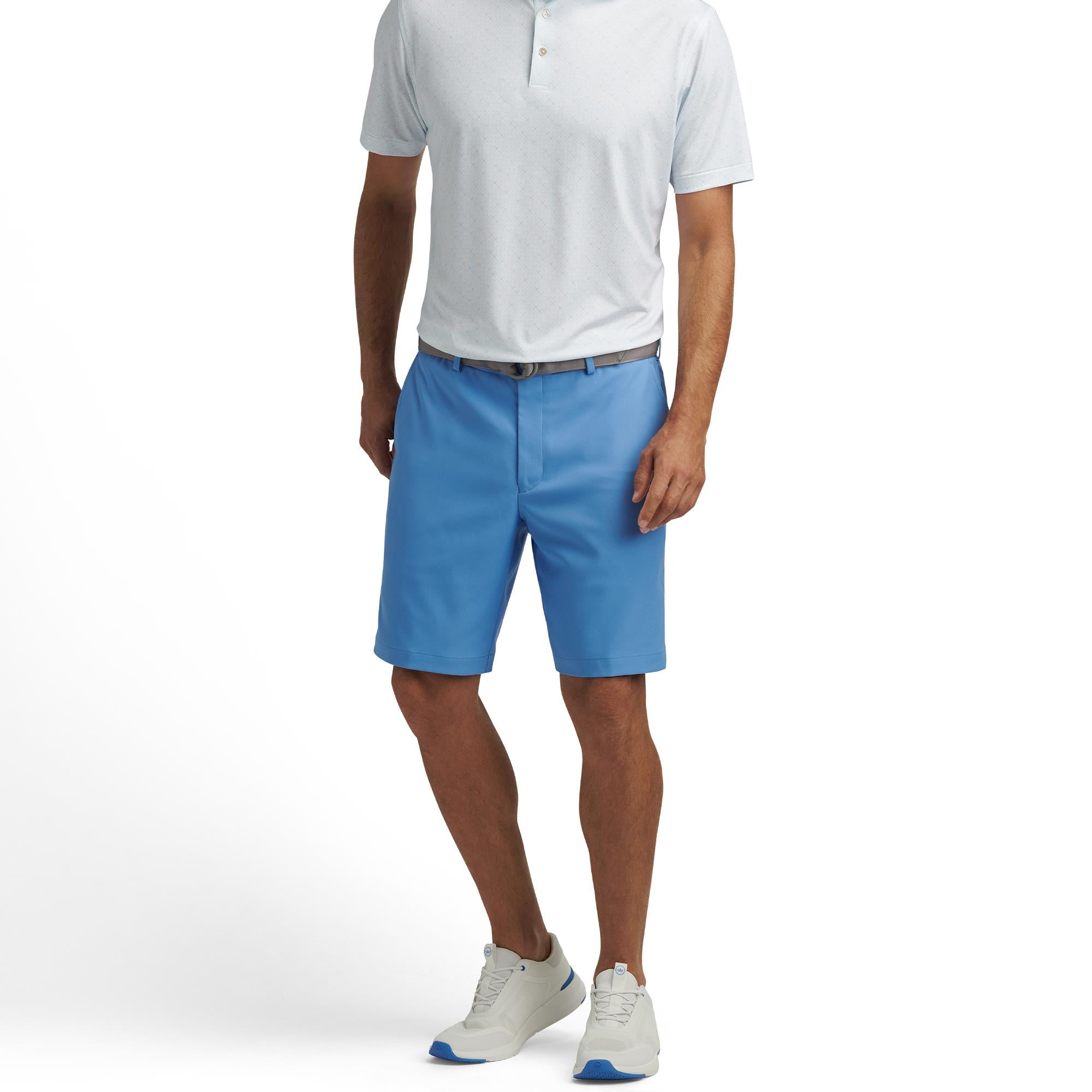 Model front view wearing Peter Millar Salem Shorts in Blue Sea – Peter Millar mens golf shorts