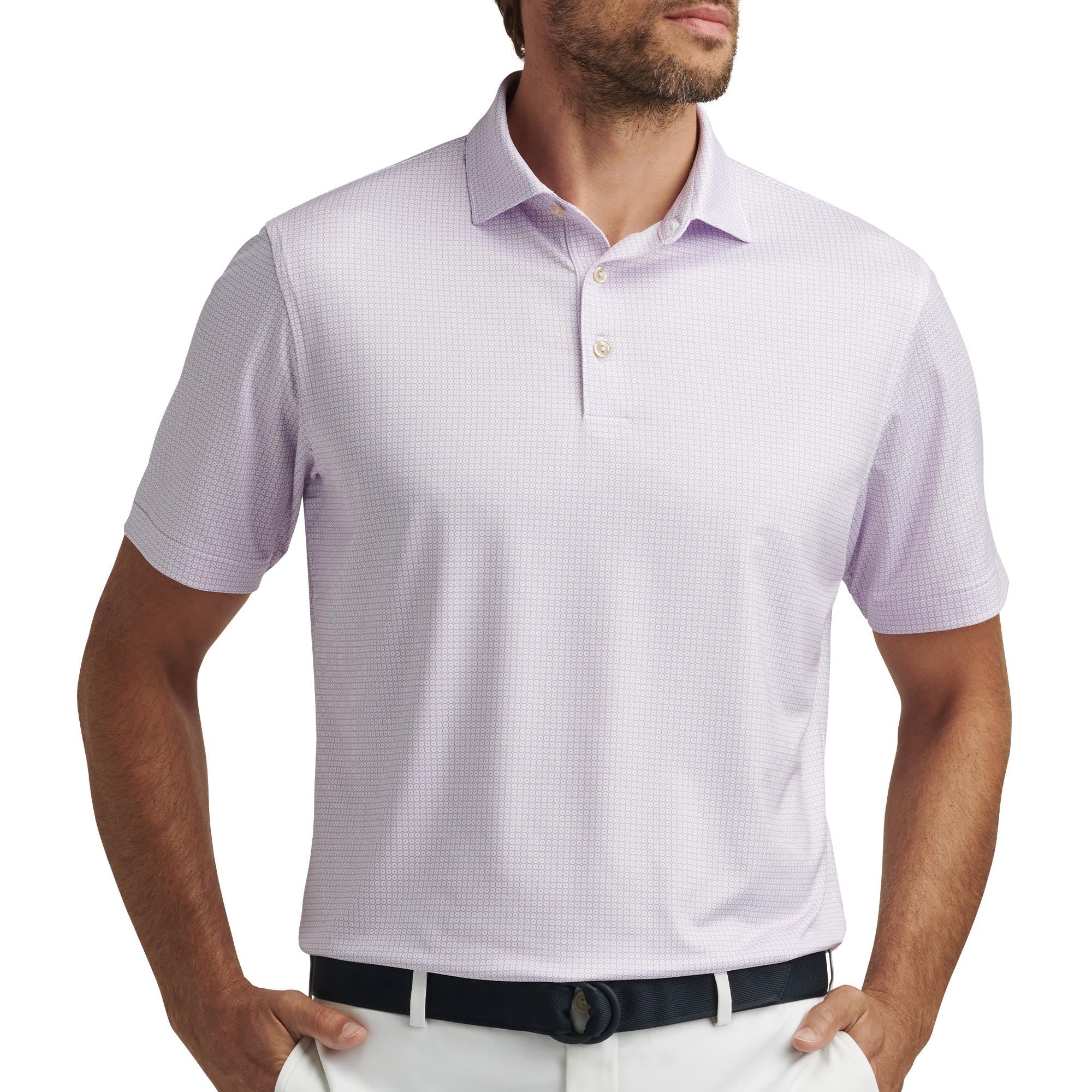 Model wearing Peter Millar Solid Performance Jersey Polo in White Blue Sea – classic mens golf polo UK