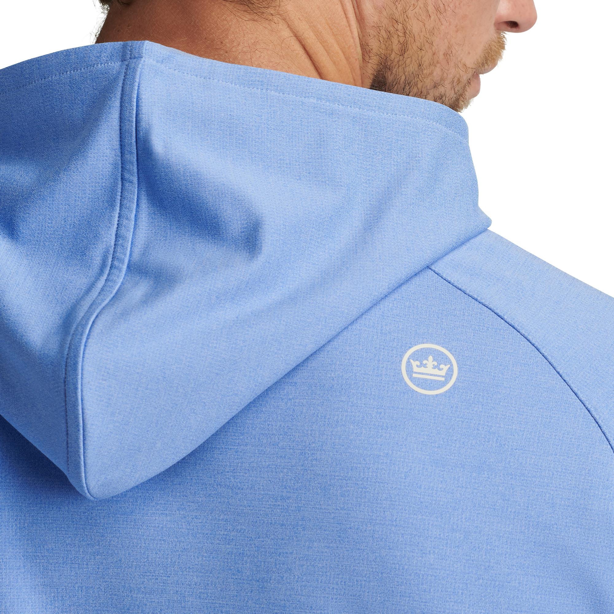 Peter Millar logo on back collar of Blue Sea Pine Performance Hoodie – designer golf hoodie from Peter Millar UK