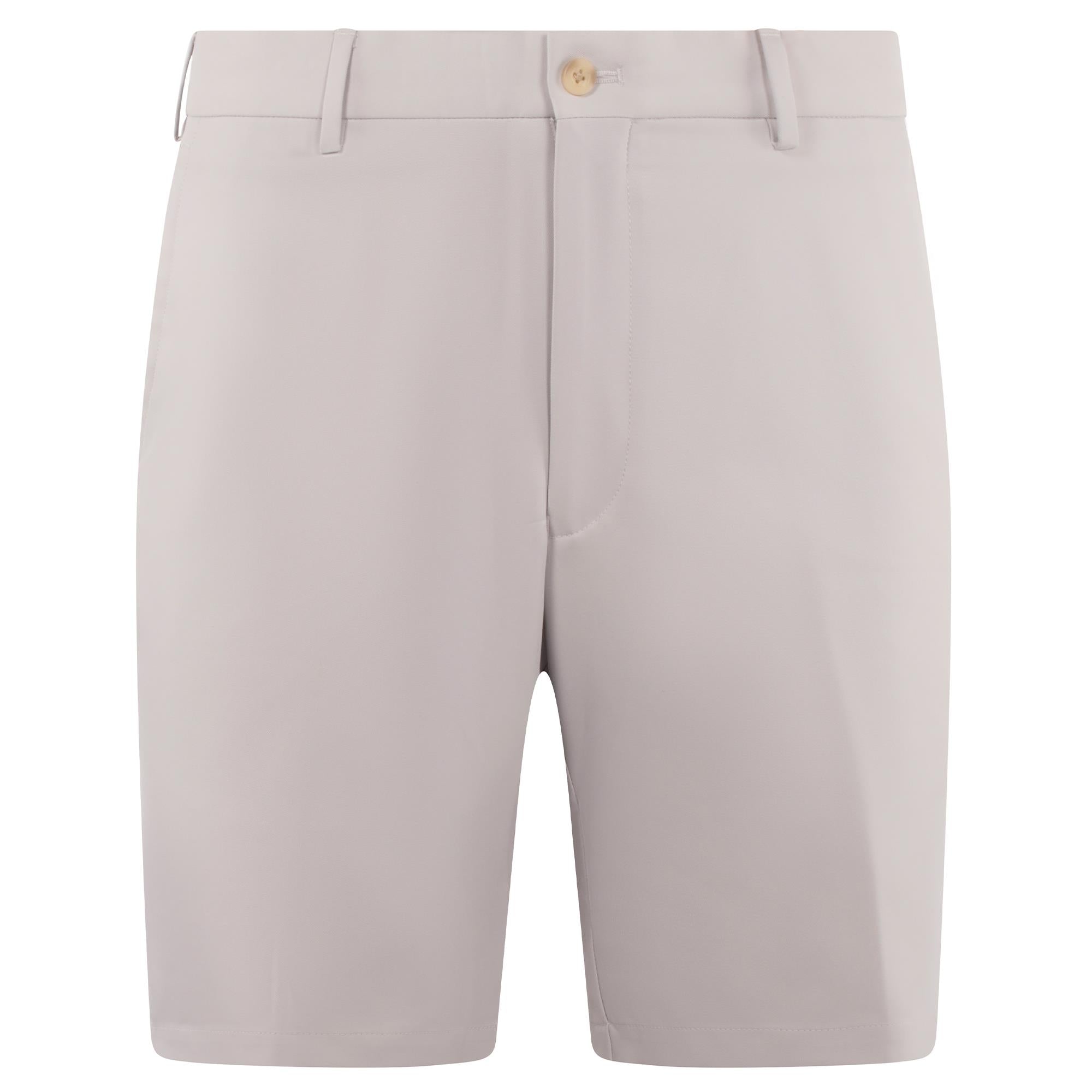 Front view of Peter Millar Salem High Drape Performance Shorts in British Grey – mens golf shorts UK