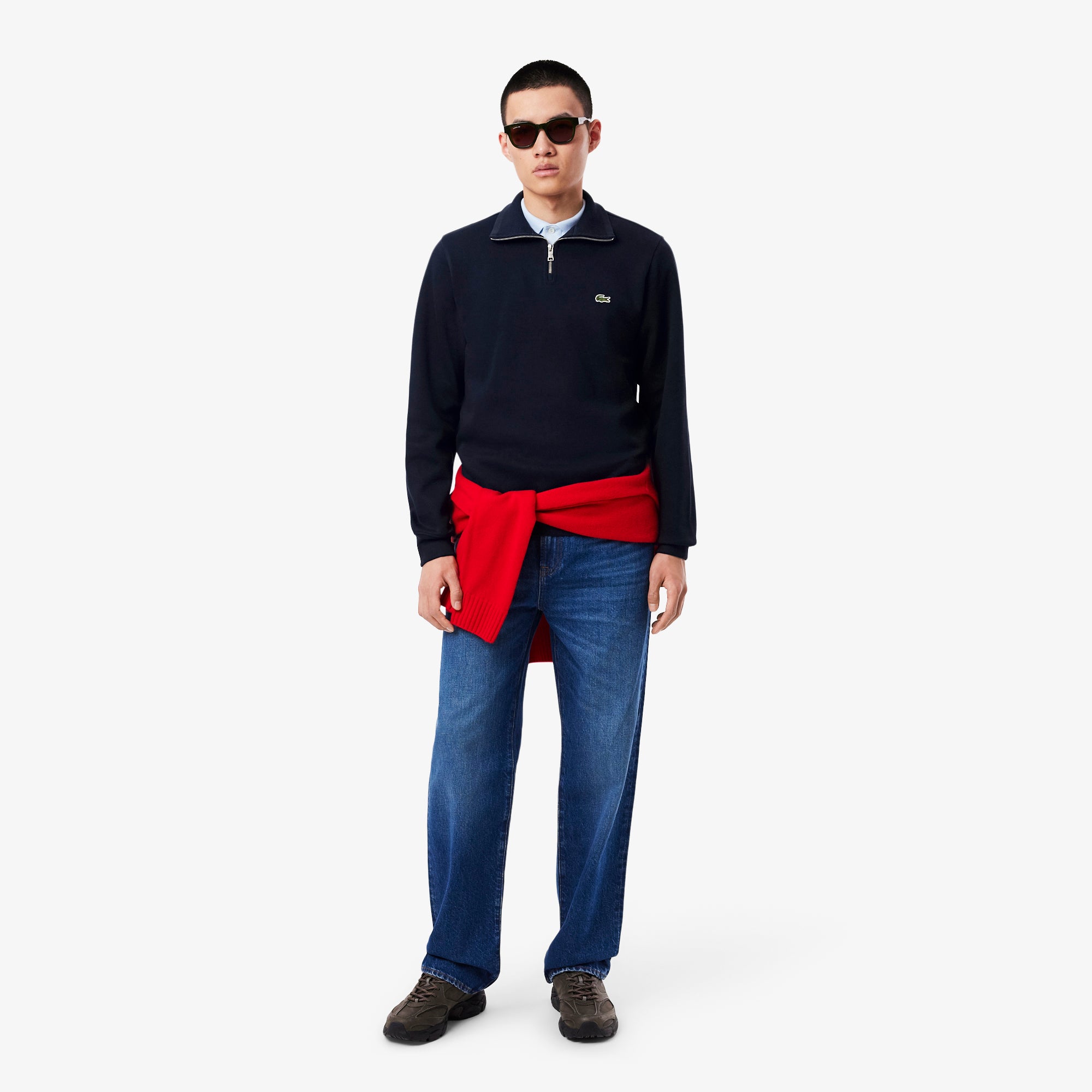 Lacoste Quarter Zip Stand Up Collar Cotton Sweatshirt Navy