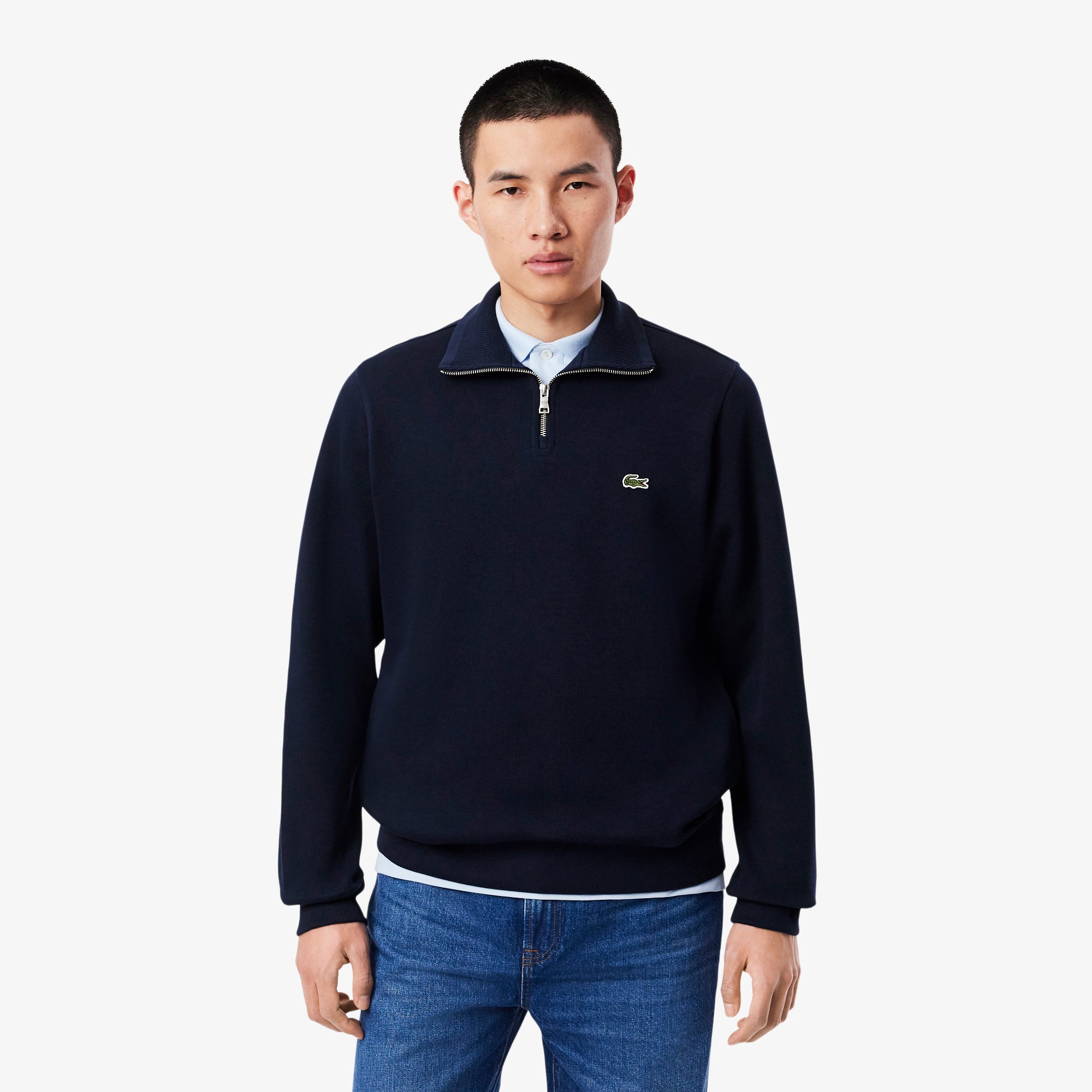 Lacoste Quarter Zip Stand Up Collar Cotton Sweatshirt Navy