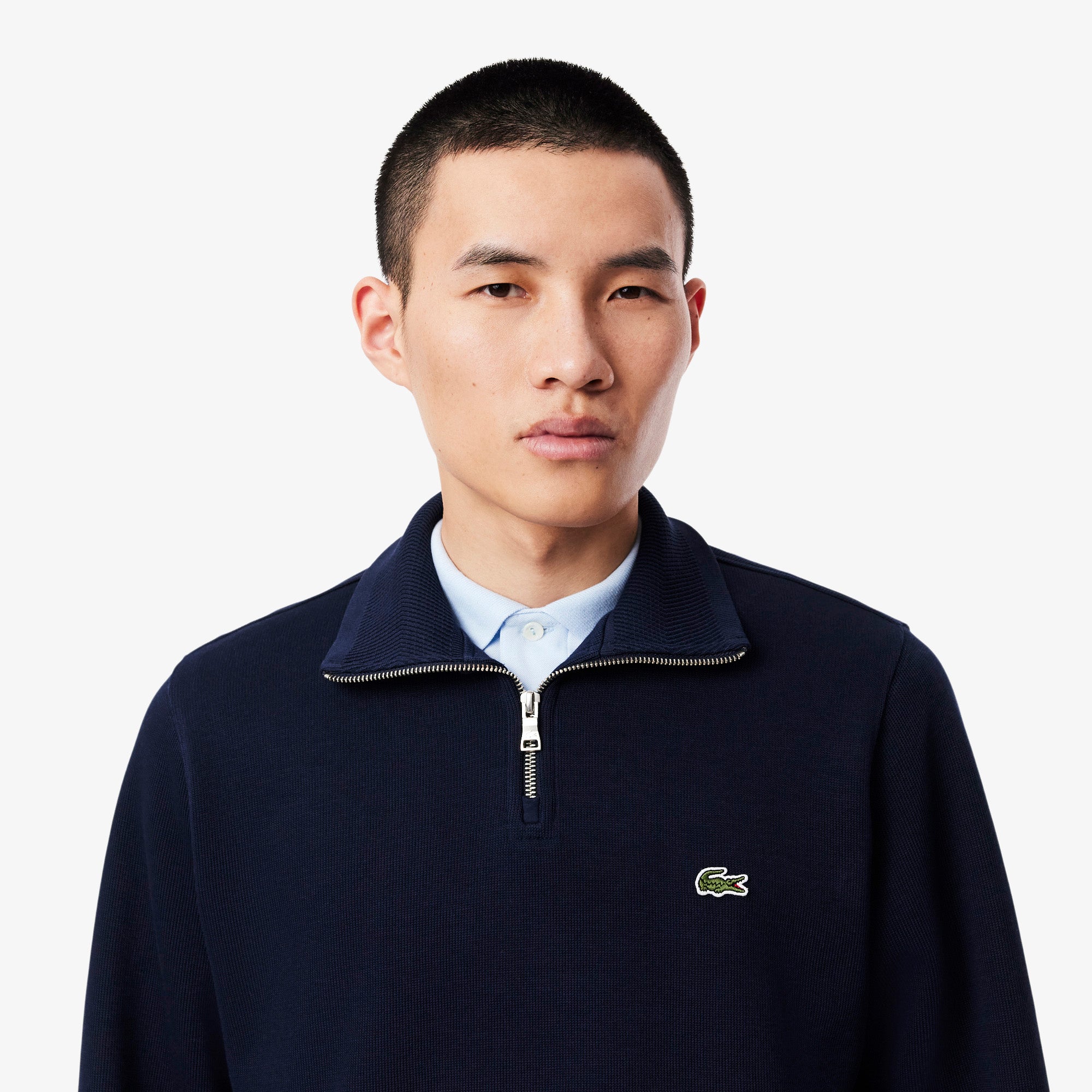 Lacoste Quarter Zip Stand Up Collar Cotton Sweatshirt Navy