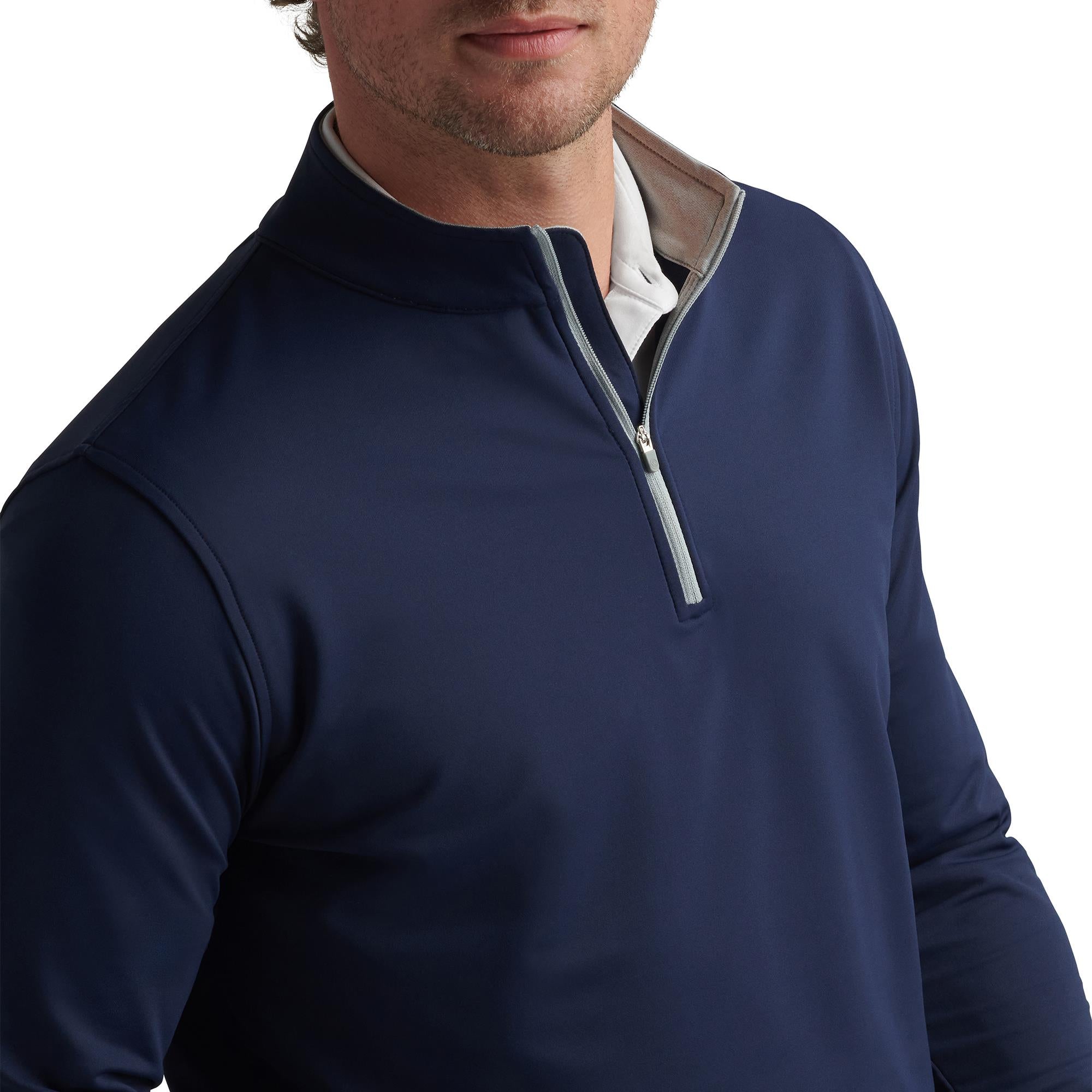  Close-up of collar and zip on Peter Millar Perth Stretch 1/4 Zip – lightweight golf mid layer for men