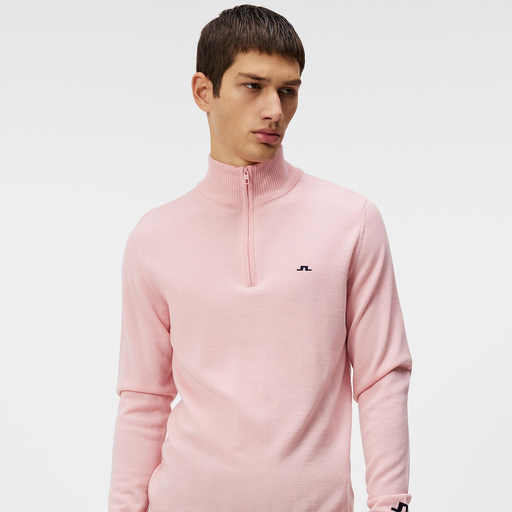 J Lindeberg Kian Tour Merino Zipped Neck Mens Golf Sweater Powder Pink