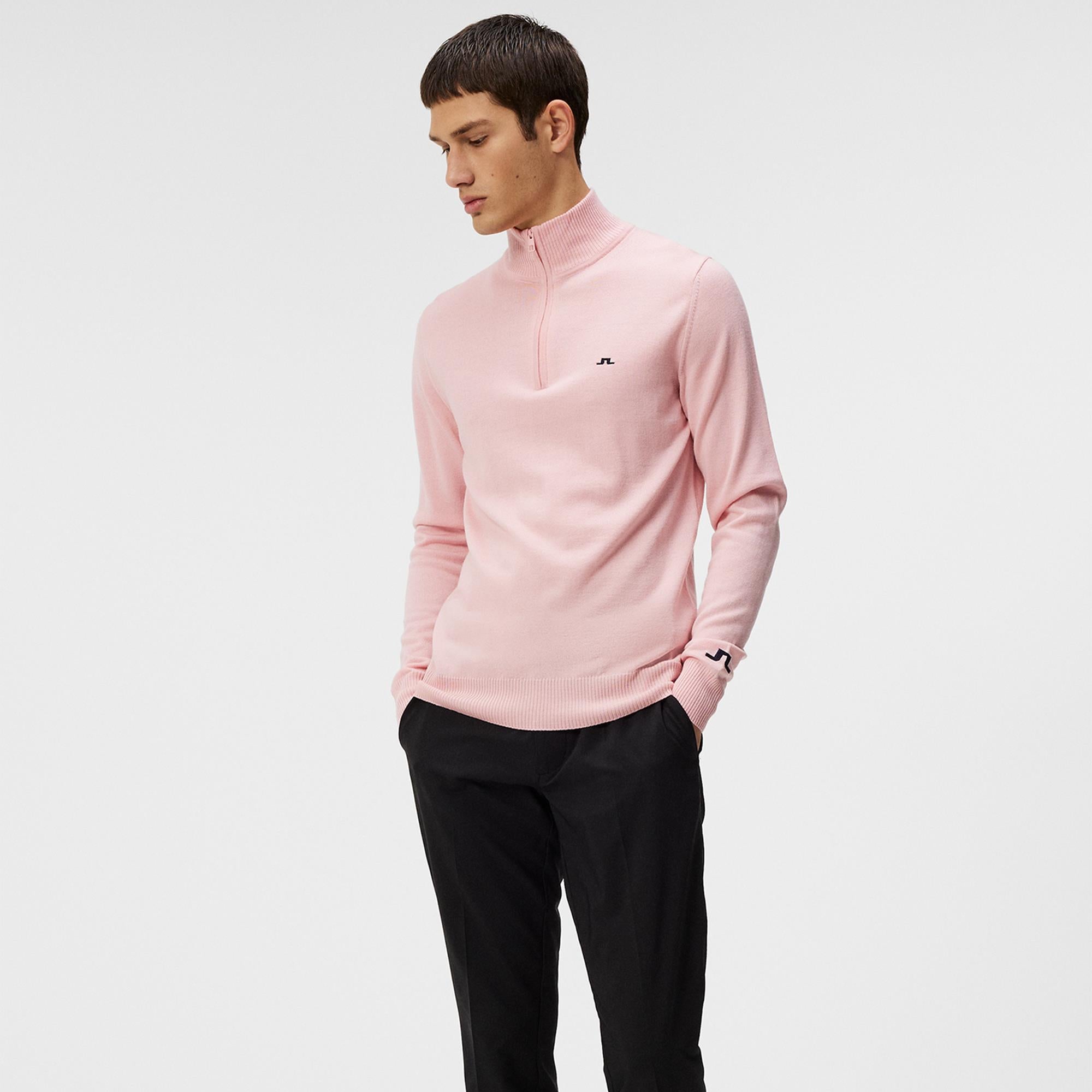 J Lindeberg Kian Tour Merino Zipped Neck Mens Golf Sweater Powder Pink