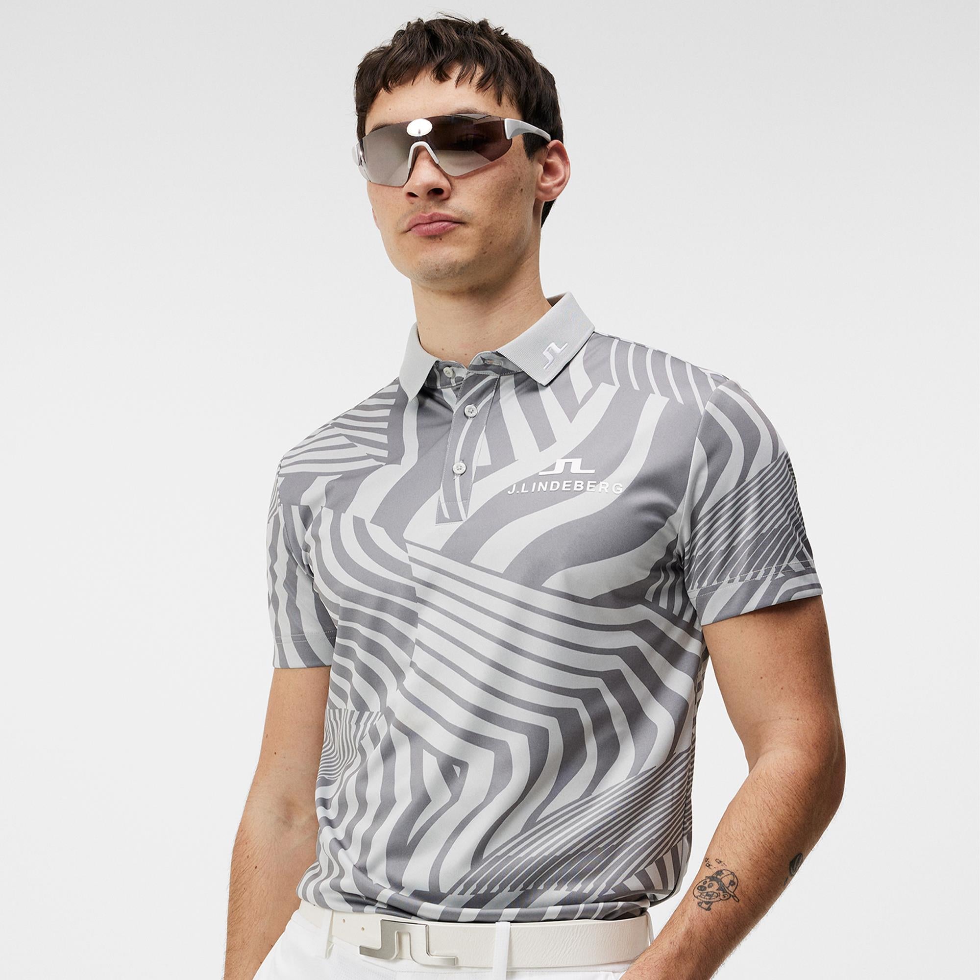 J Lindeberg KV Tour Print Mens Golf Polo Shirt Dazzle Wave Light Grey Melange