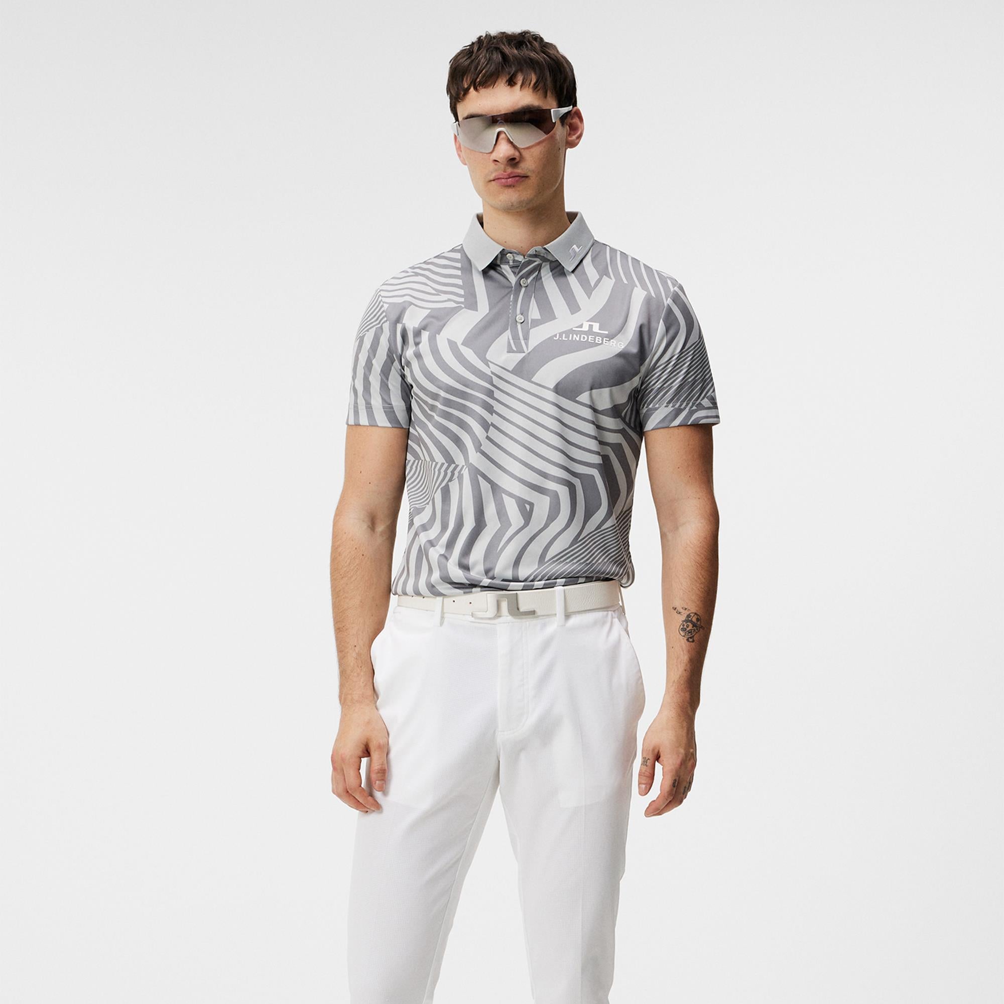 J Lindeberg KV Tour Print Mens Golf Polo Shirt Dazzle Wave Light Grey Melange