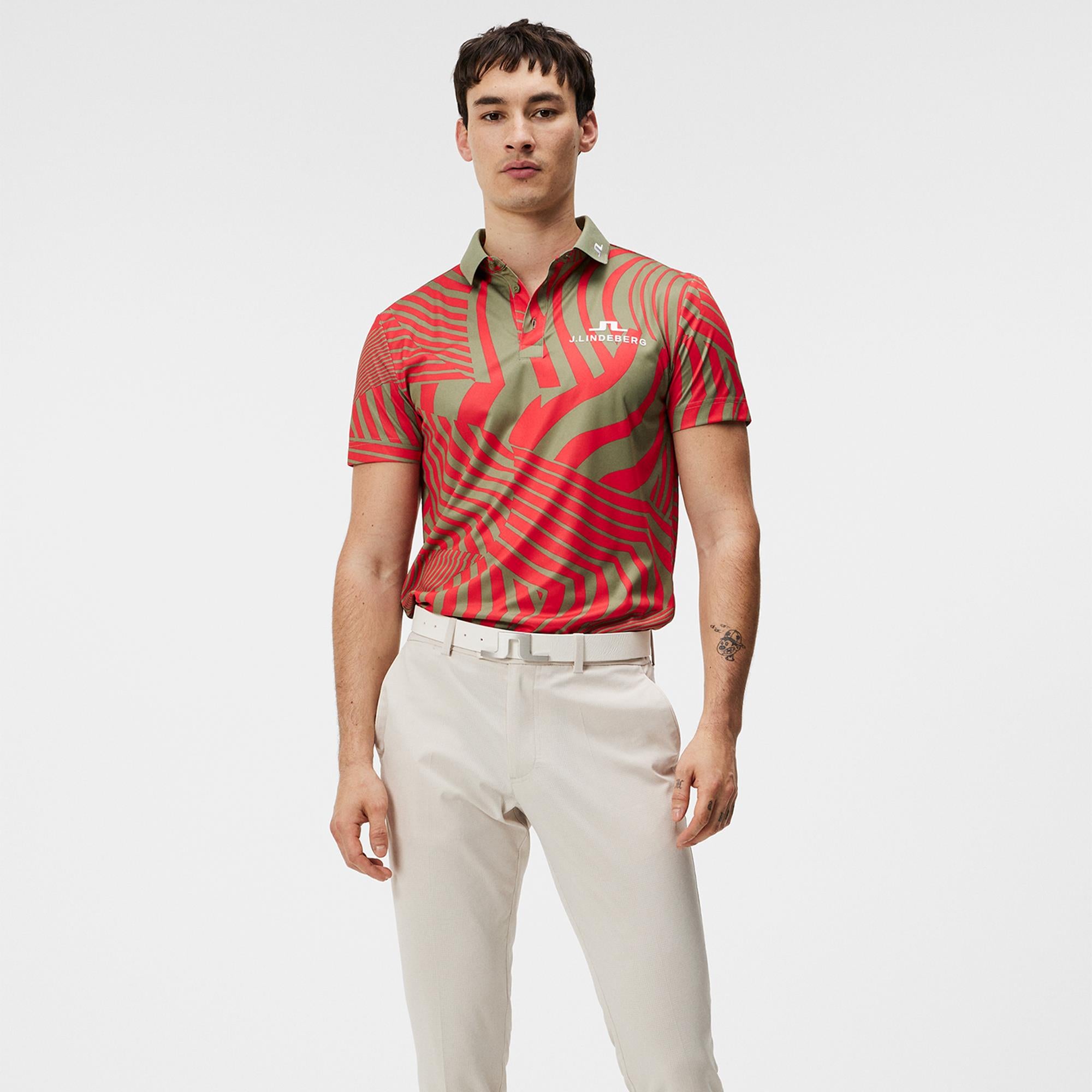 J Lindeberg KV Tour Print Mens Golf Polo Shirt Dazzle Wave Bitterwseet