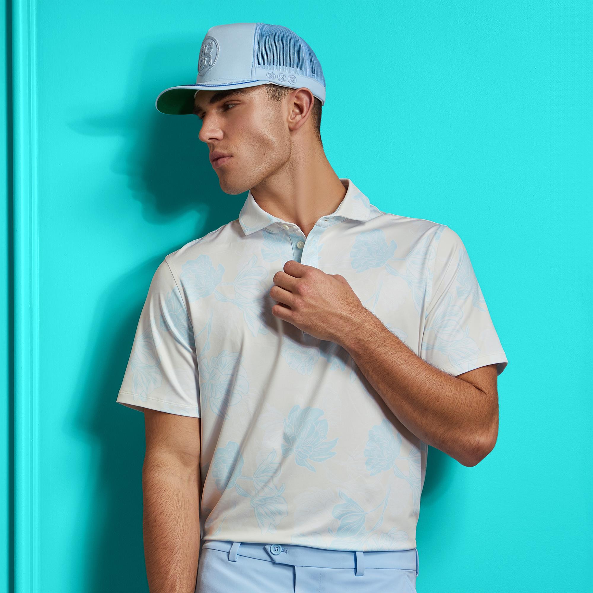 G/FORE Stamped Floral Tech Jersey Mens Golf Polo Shirt Stone