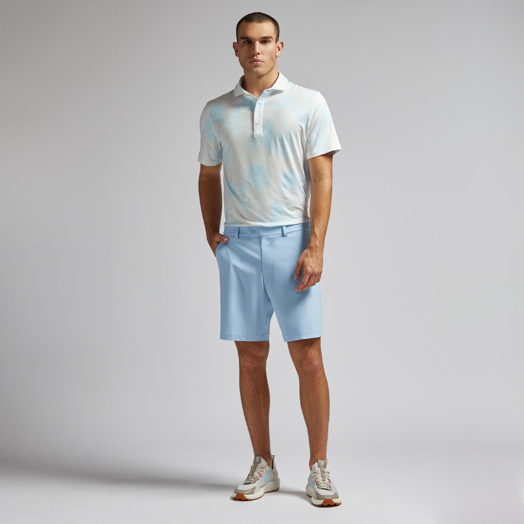 G/FORE Stamped Floral Tech Jersey Mens Golf Polo Shirt Stone