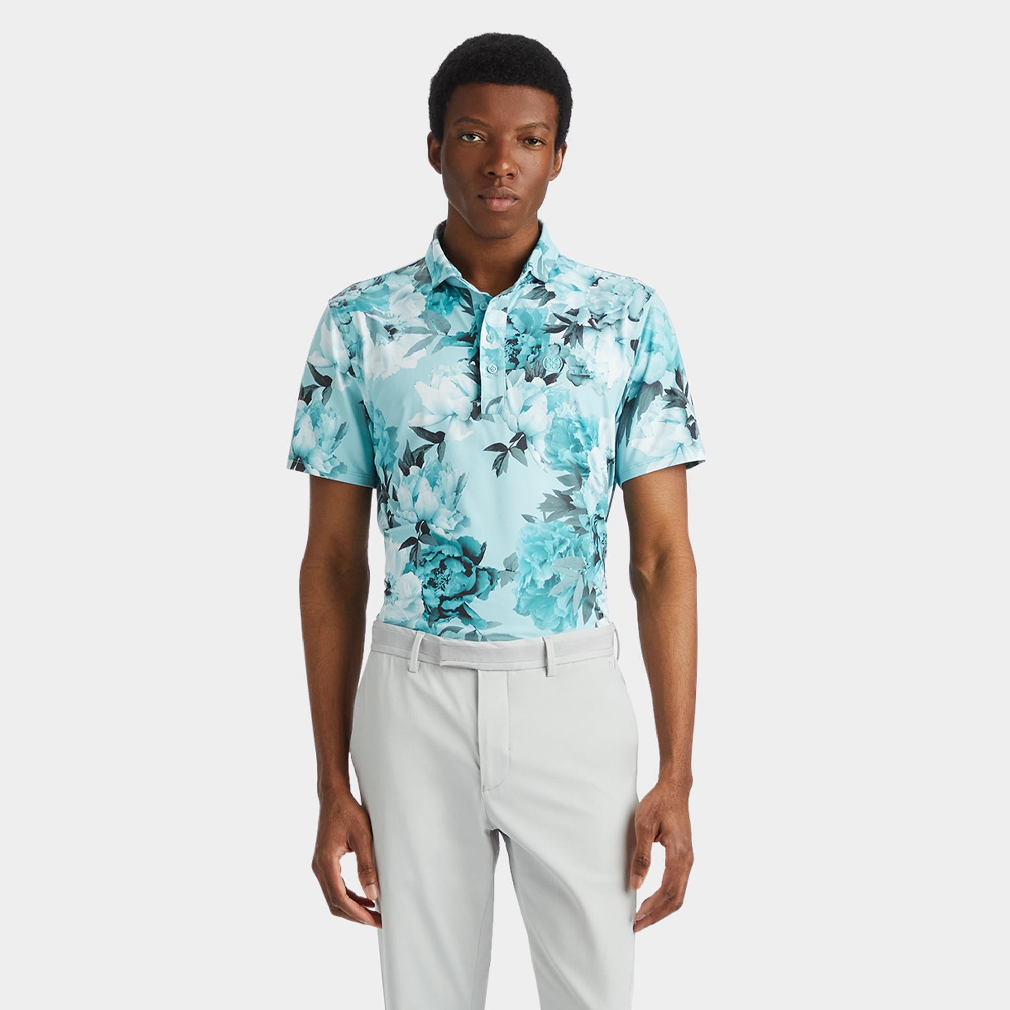 G/FORE Photo Floral Tech Jersey Mens Golf Polo Shirt Marine