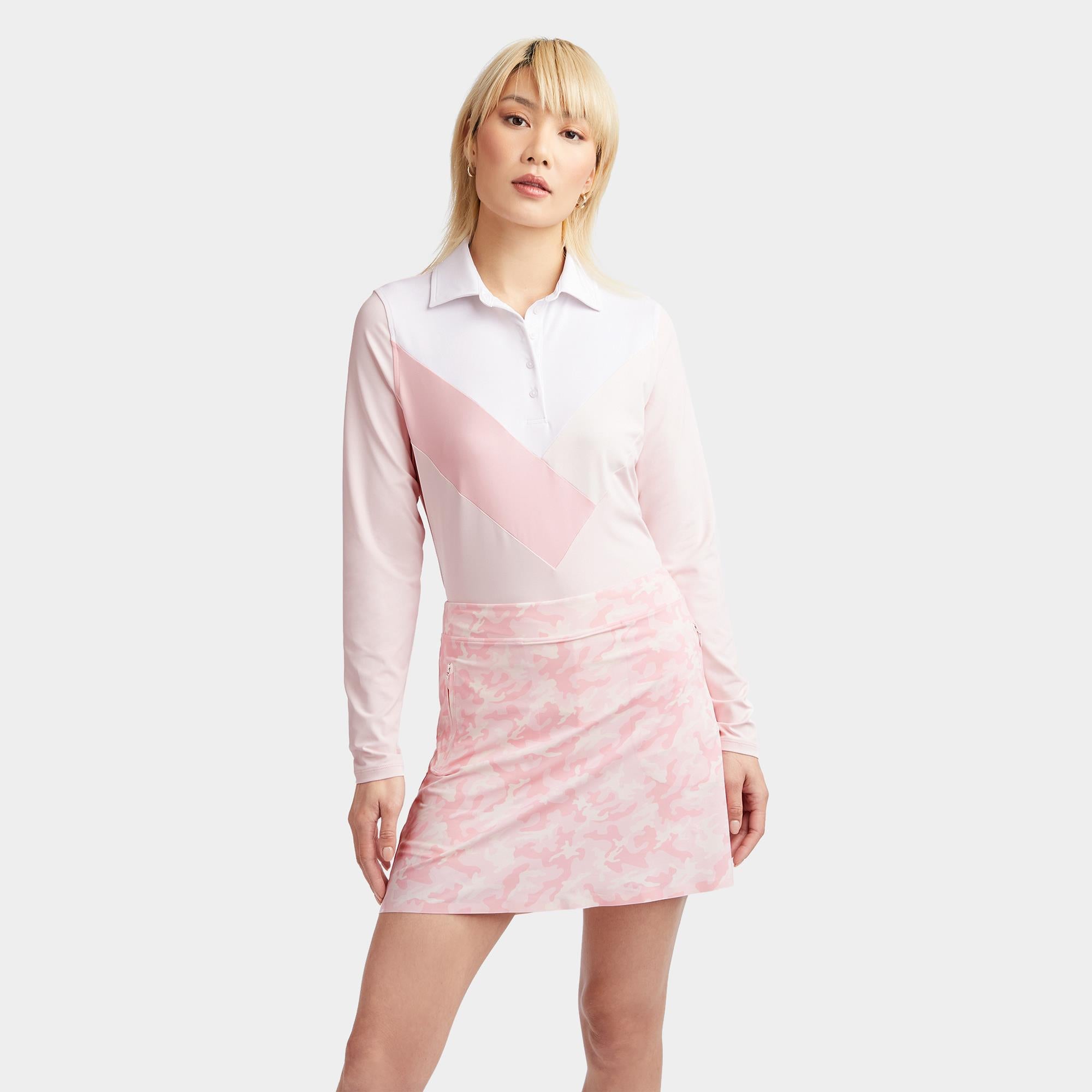 G/FORE Multi V Tech Jersey Ladies Long Sleeve Golf Polo Shirt Cameo