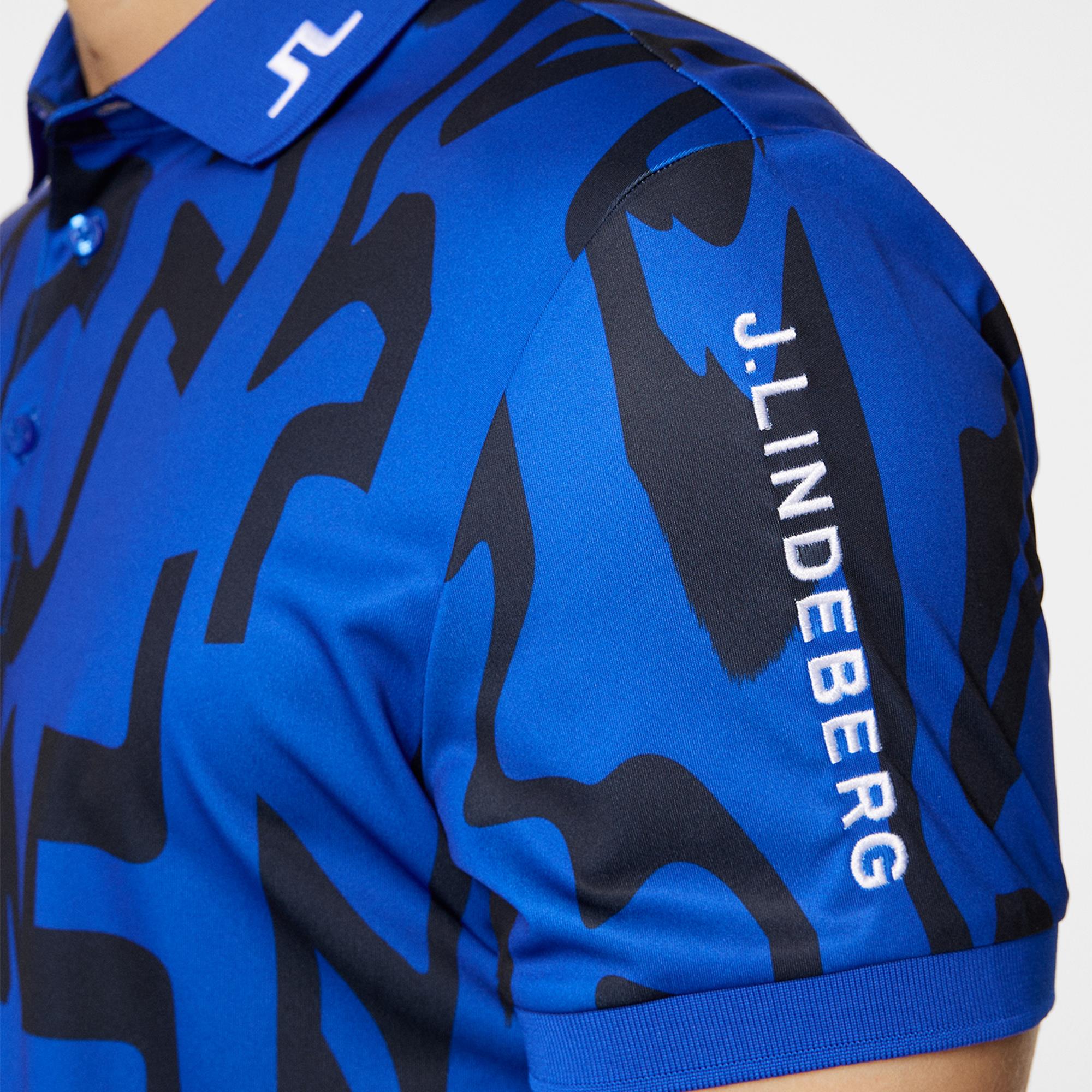 J Lindeberg Tour Tech Print Mens Golf Polo Shirt Glitch Bridge Blue