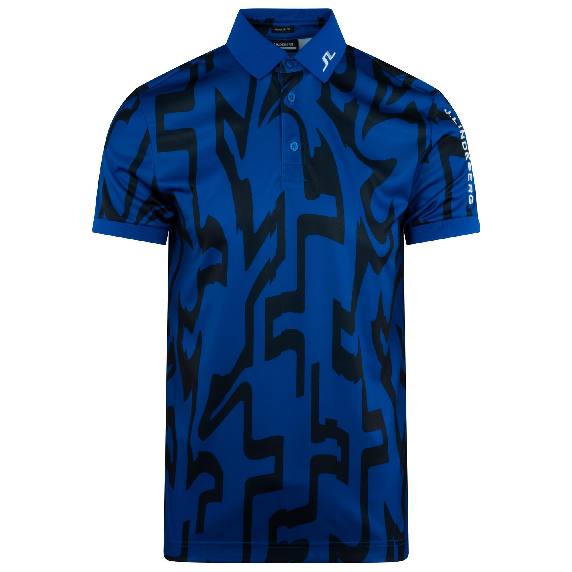 J Lindeberg Tour Tech Print Mens Golf Polo Shirt Glitch Bridge Blue