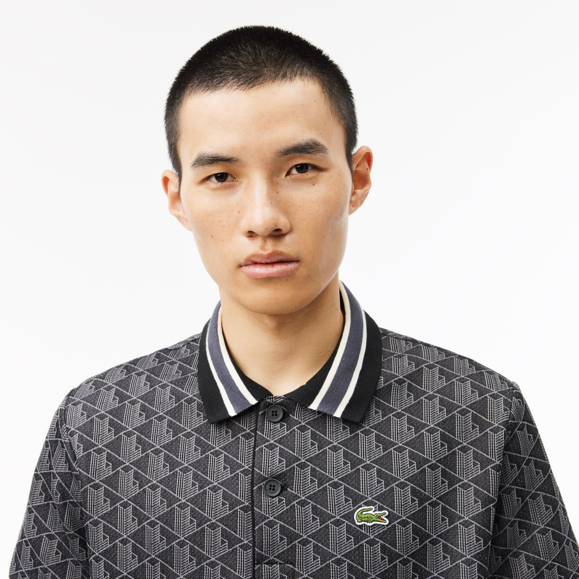 Mens Lacoste Monogram Motif Polo Shirt Black
