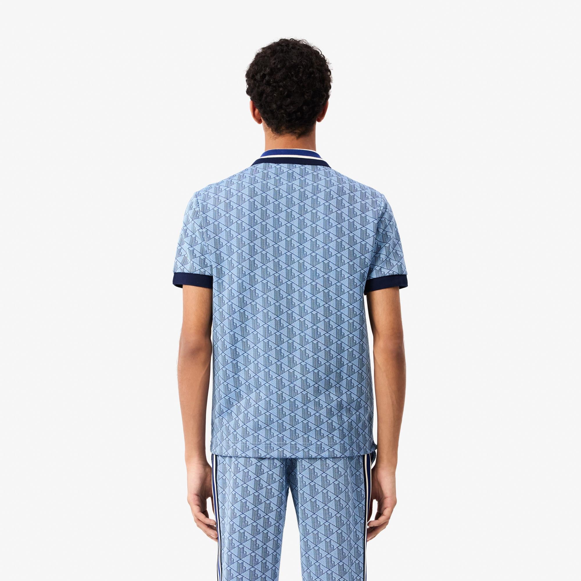 Mens Lacoste Monogram Motif Polo Shirt Blue