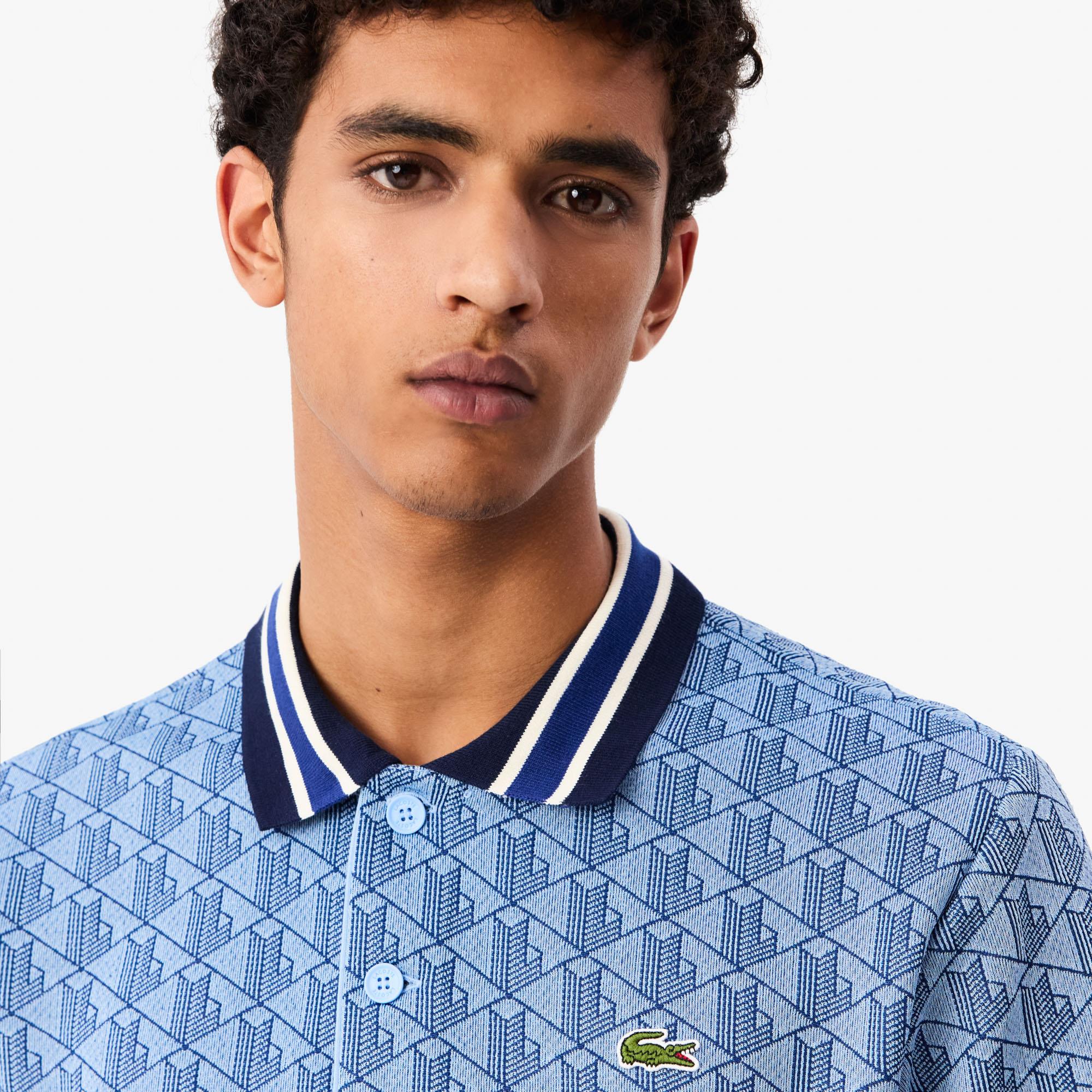 Mens Lacoste Monogram Motif Polo Shirt Blue
