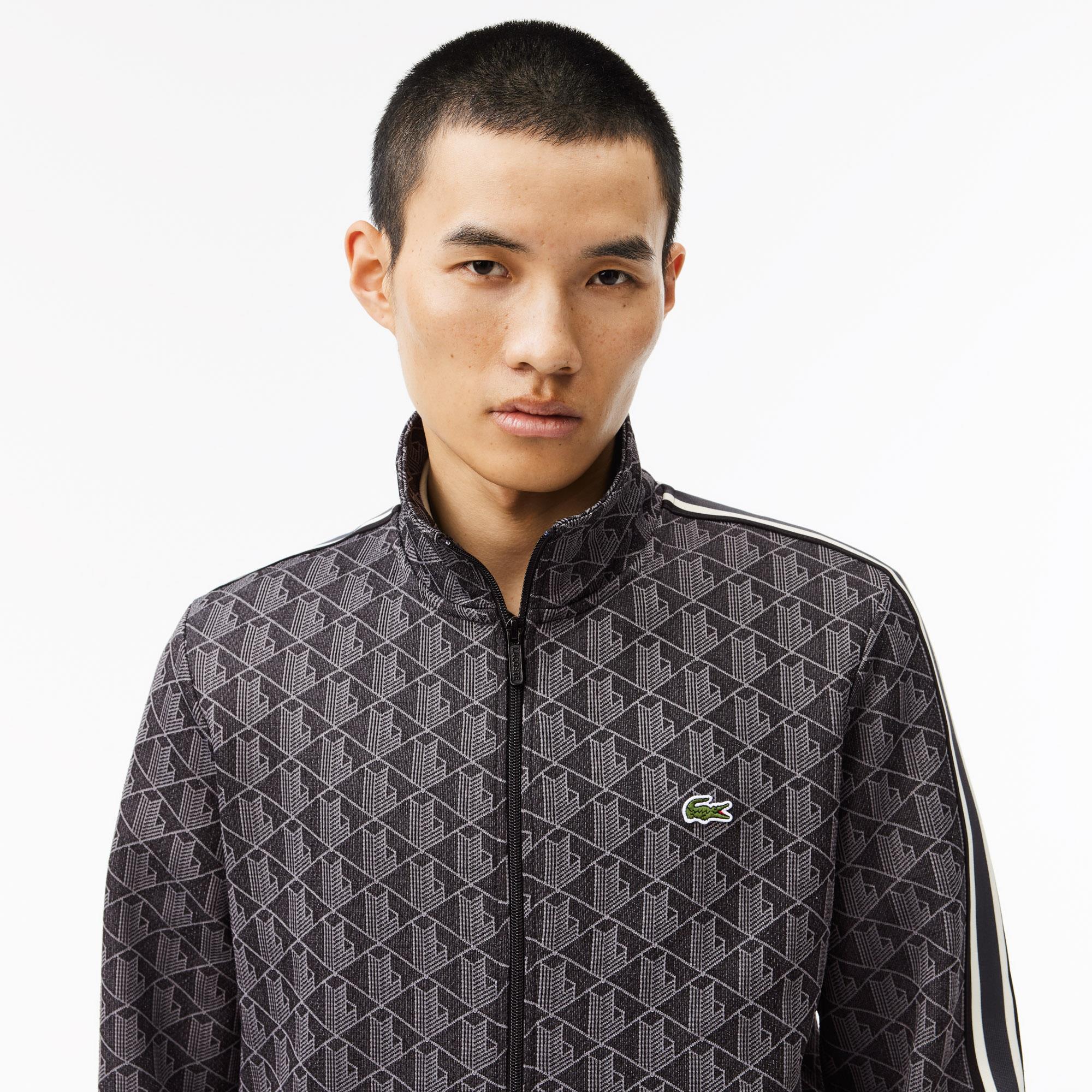 Mens Lacoste Paris Jacquard Monogram Zipped Sweatshirt Black