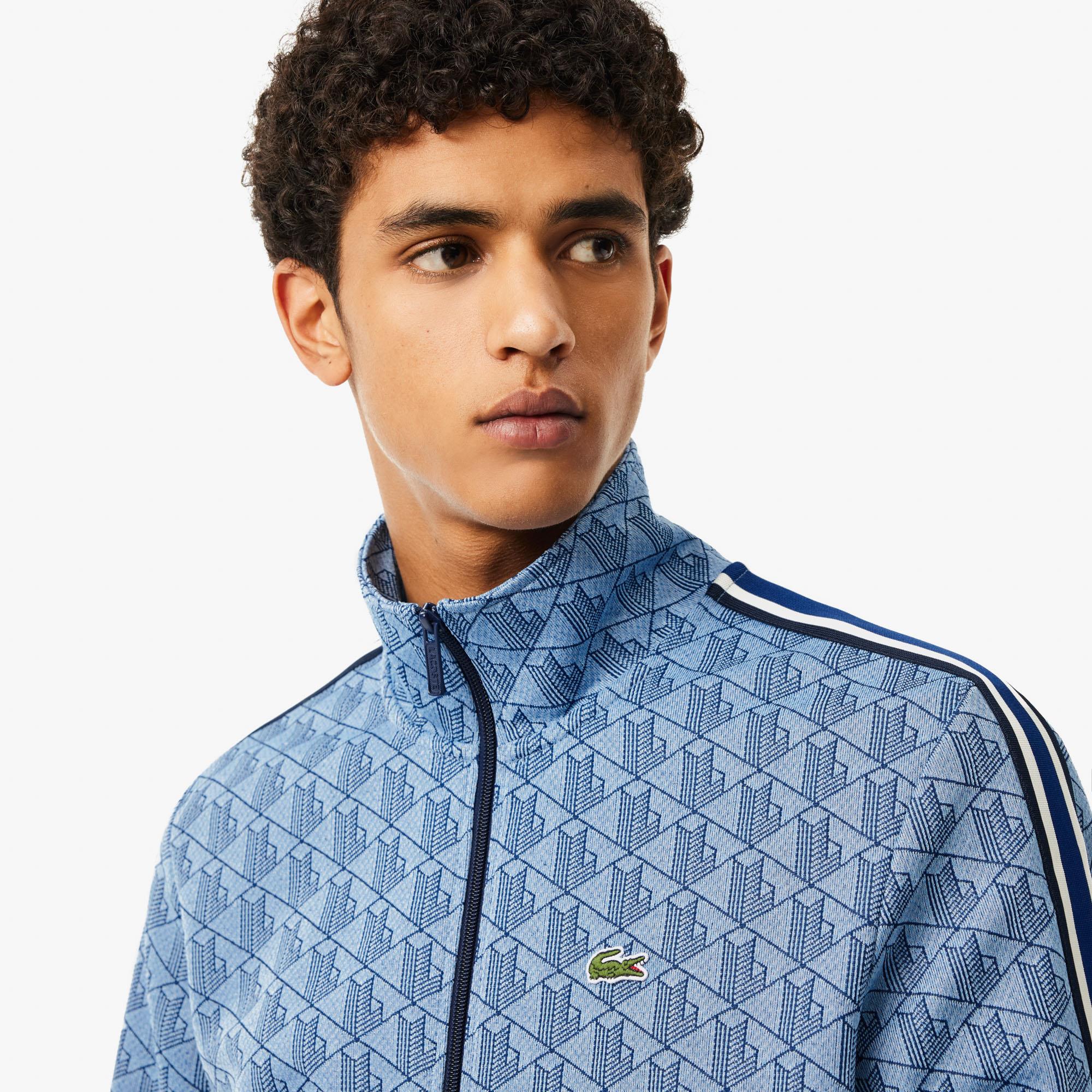 Mens Lacoste Paris Jacquard Monogram Zipped Sweatshirt Light Blue/Blue