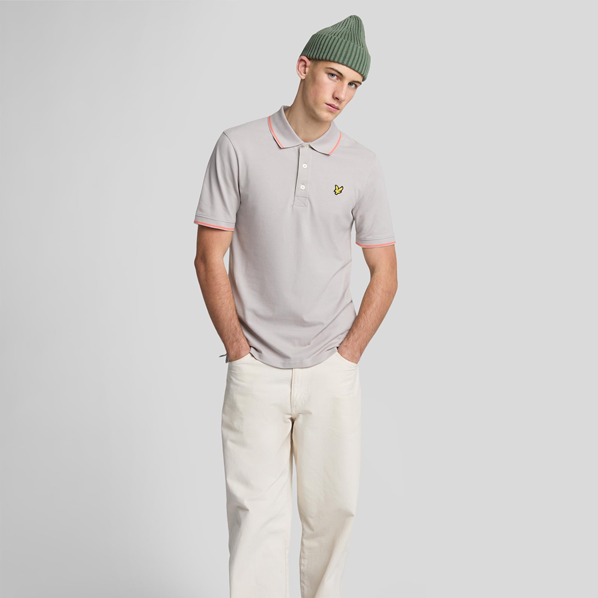 Lyle & Scott Tipped Mens Polo Shirt Pale Grey/Coral Stand
