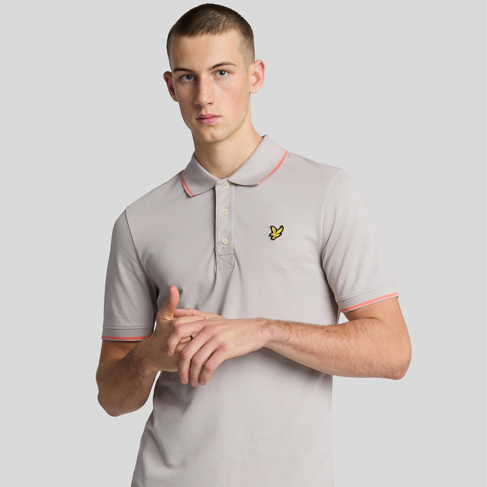 Lyle & Scott Tipped Mens Polo Shirt Pale Grey/Coral Stand