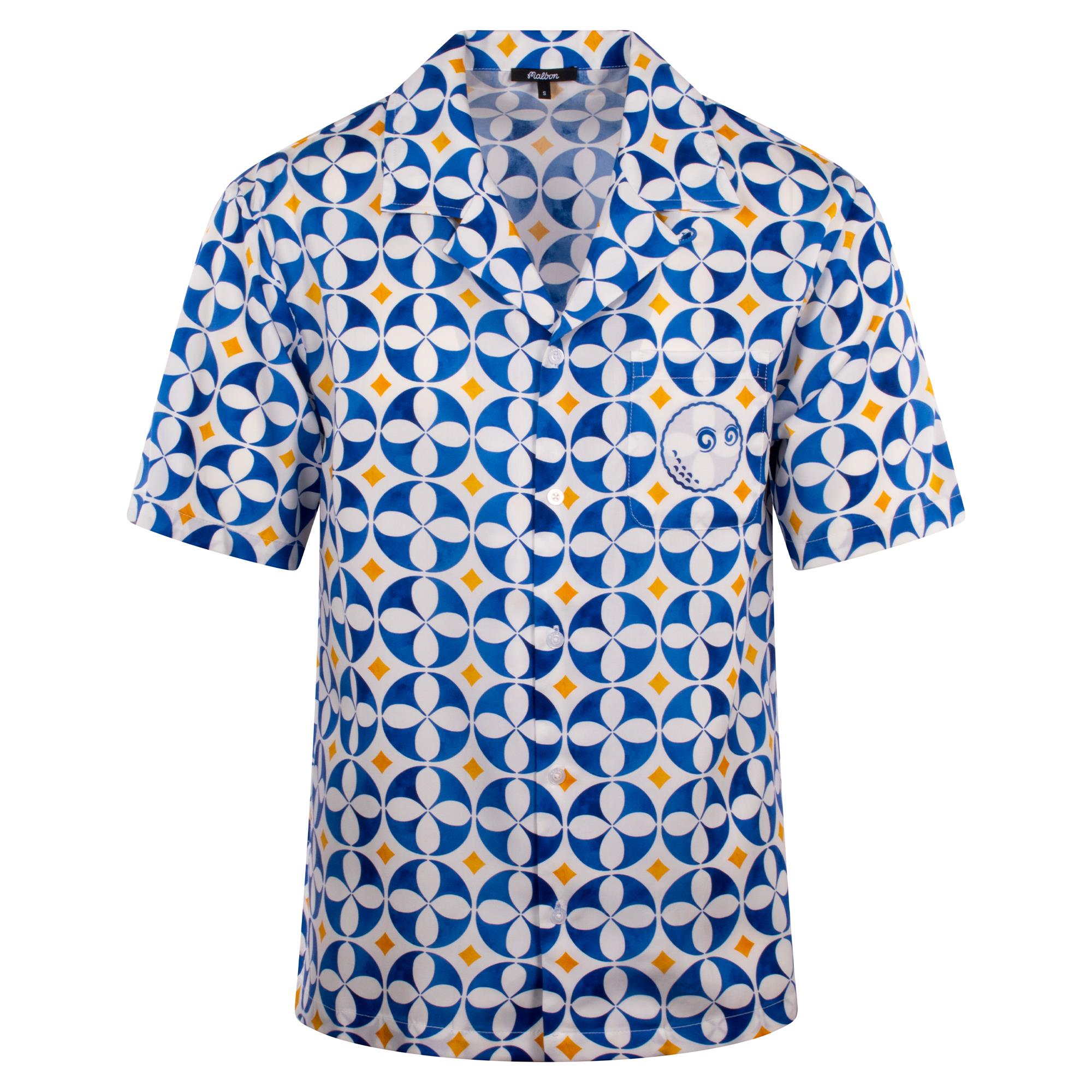 Malbon Golf Riviera Camp Collar Shirt White/Blue/Gold