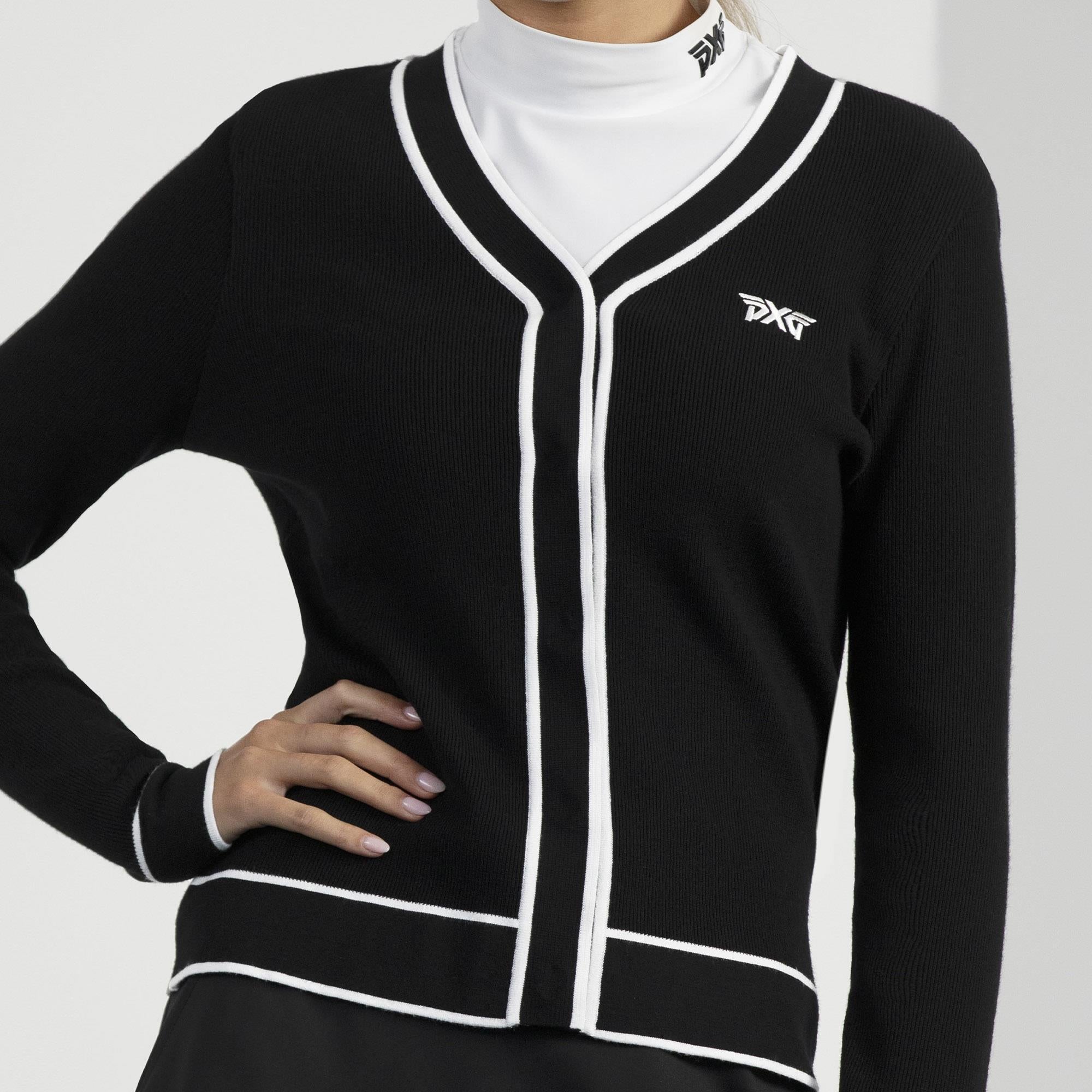 PXG Varsity V-Neck Ladies Golf Cardigan Black/White