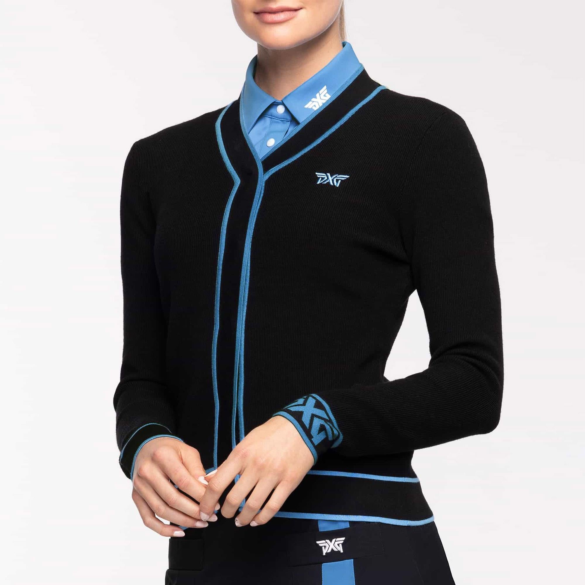 PXG Varsity V-Neck Ladies Golf Cardigan Black/Blue