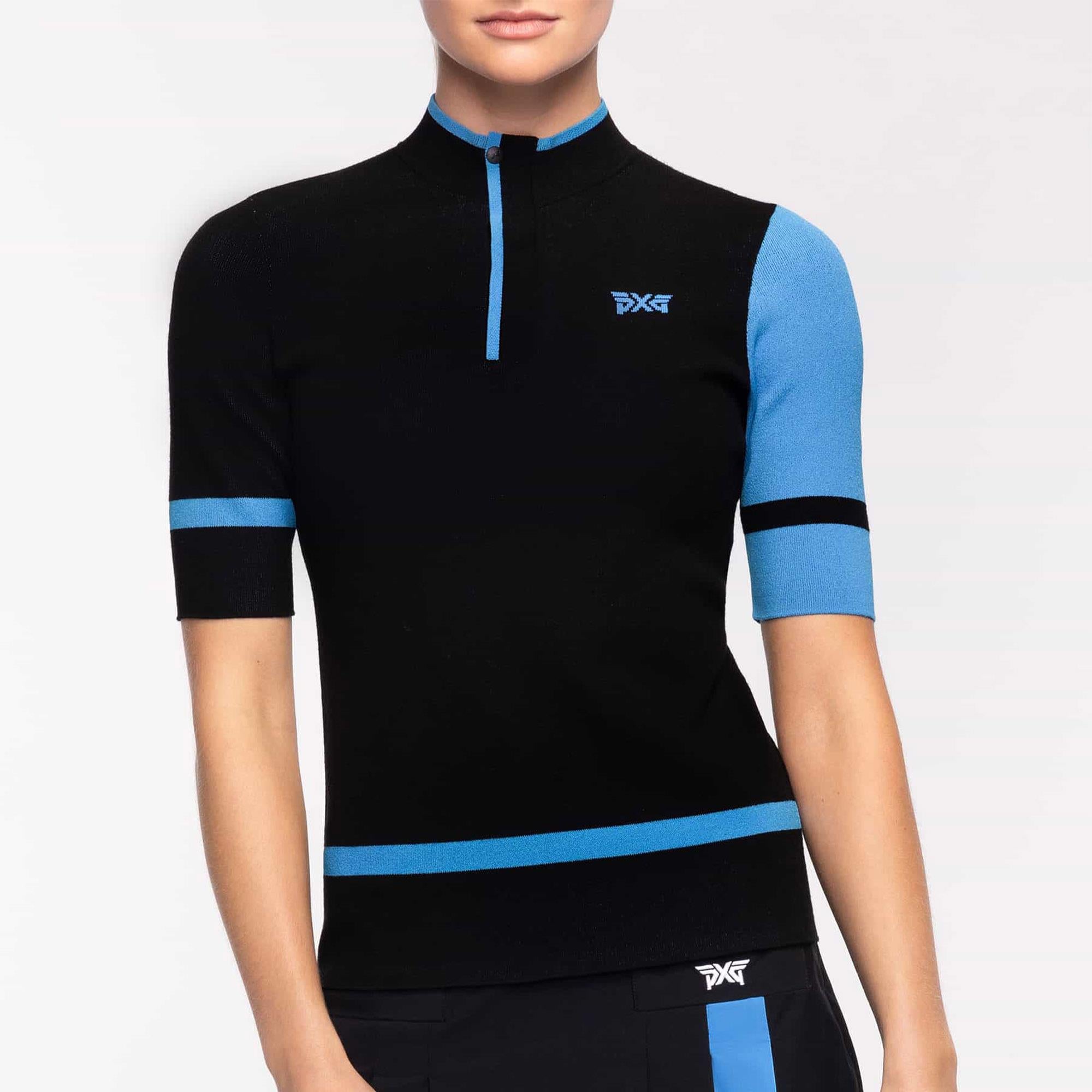 PXG 1/4 Zip Colour Block Ladies Knitted Polo Black/Blue