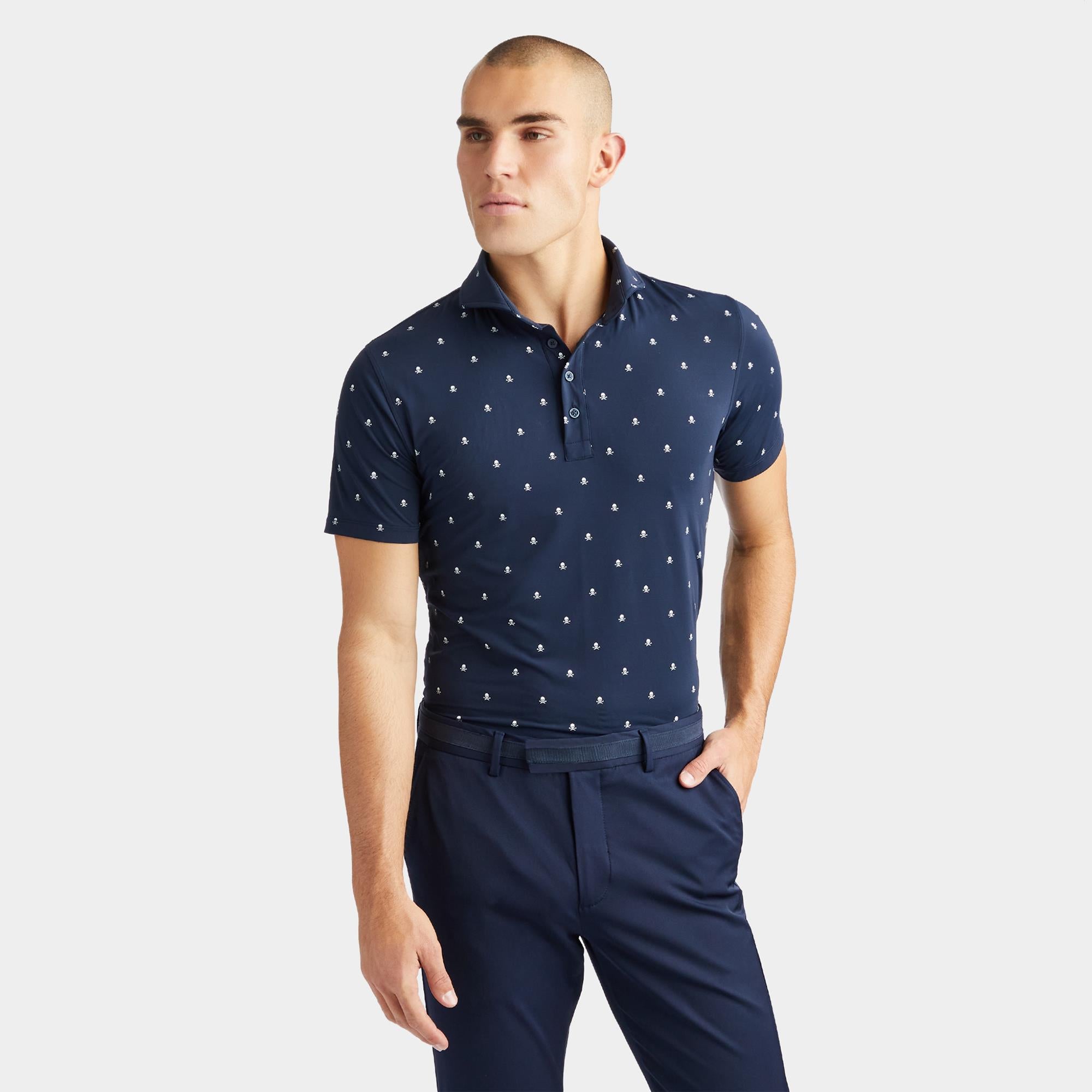 G/FORE Skull & T's Ice Nylon Tailored Mens Golf Polo Shirt Twilight