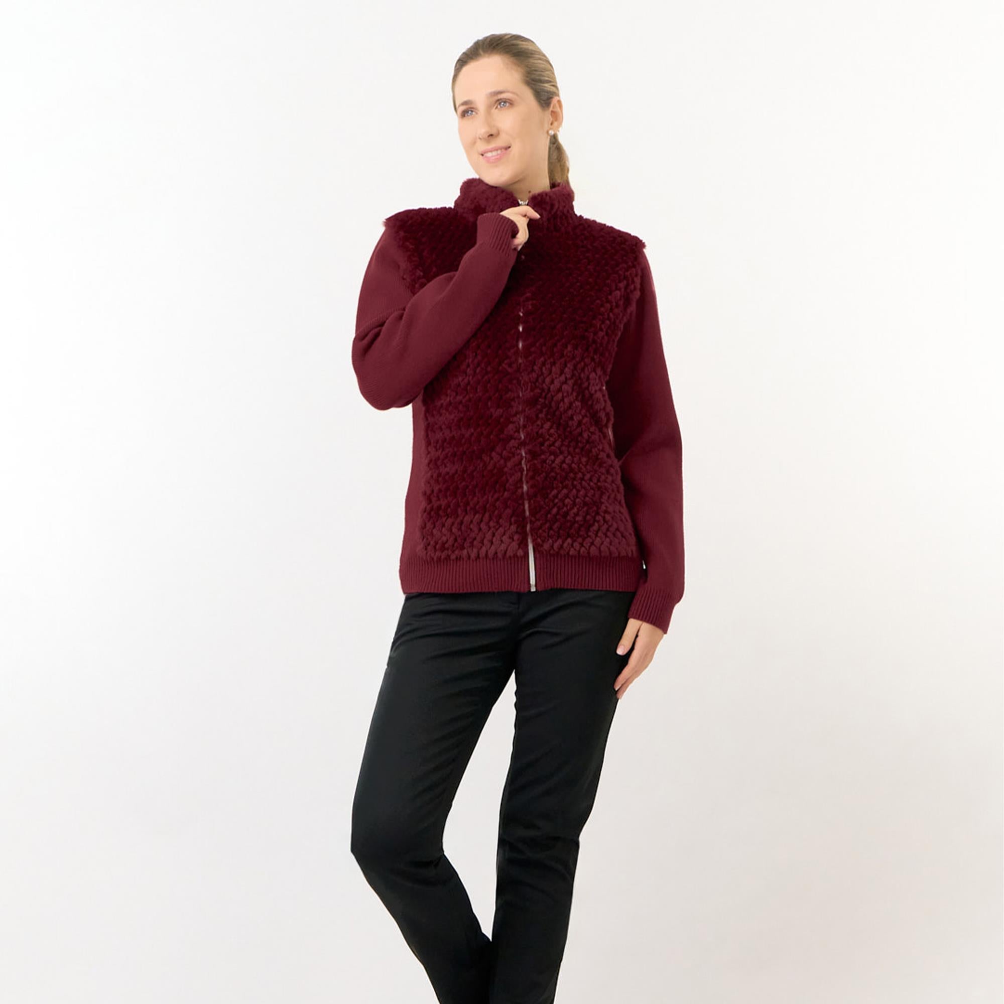 Pure Golf Ellisa Knitted Faux Fir Front Ladies Golf Mid Layer Merlot